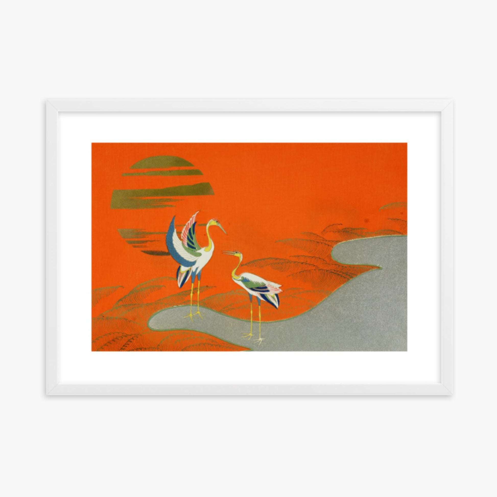 Kamisaka Sekka: Birds at sunset on the lake - 50x70 cm Poster With White Frame