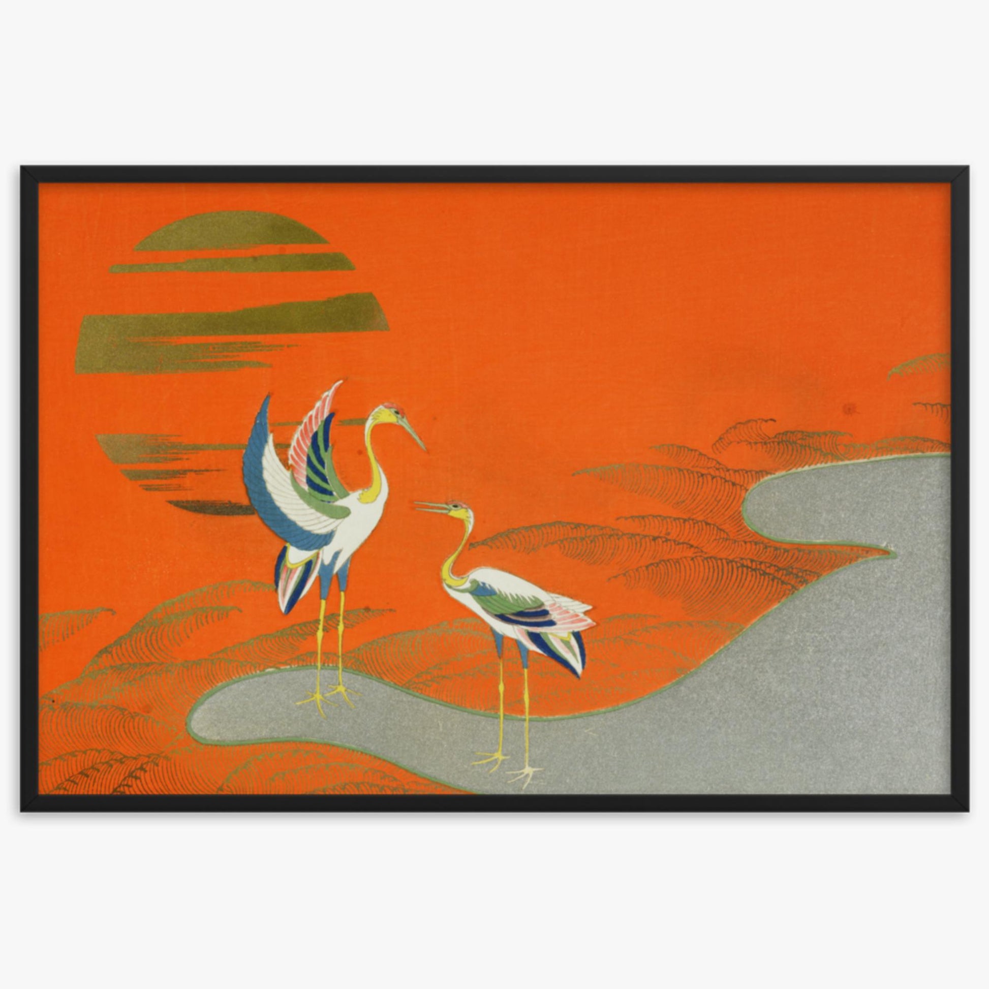 Kamisaka Sekka: Birds at sunset on the lake - 61x91 cm Poster With Black Frame