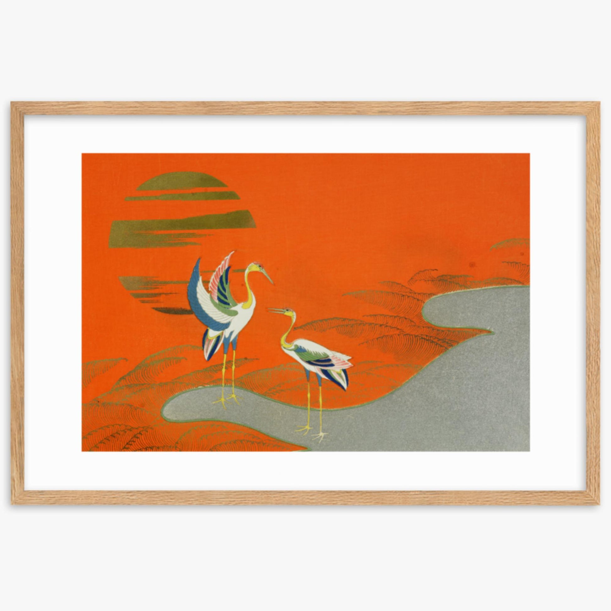 Kamisaka Sekka: Birds at sunset on the lake - 61x91 cm Poster With Oak Frame