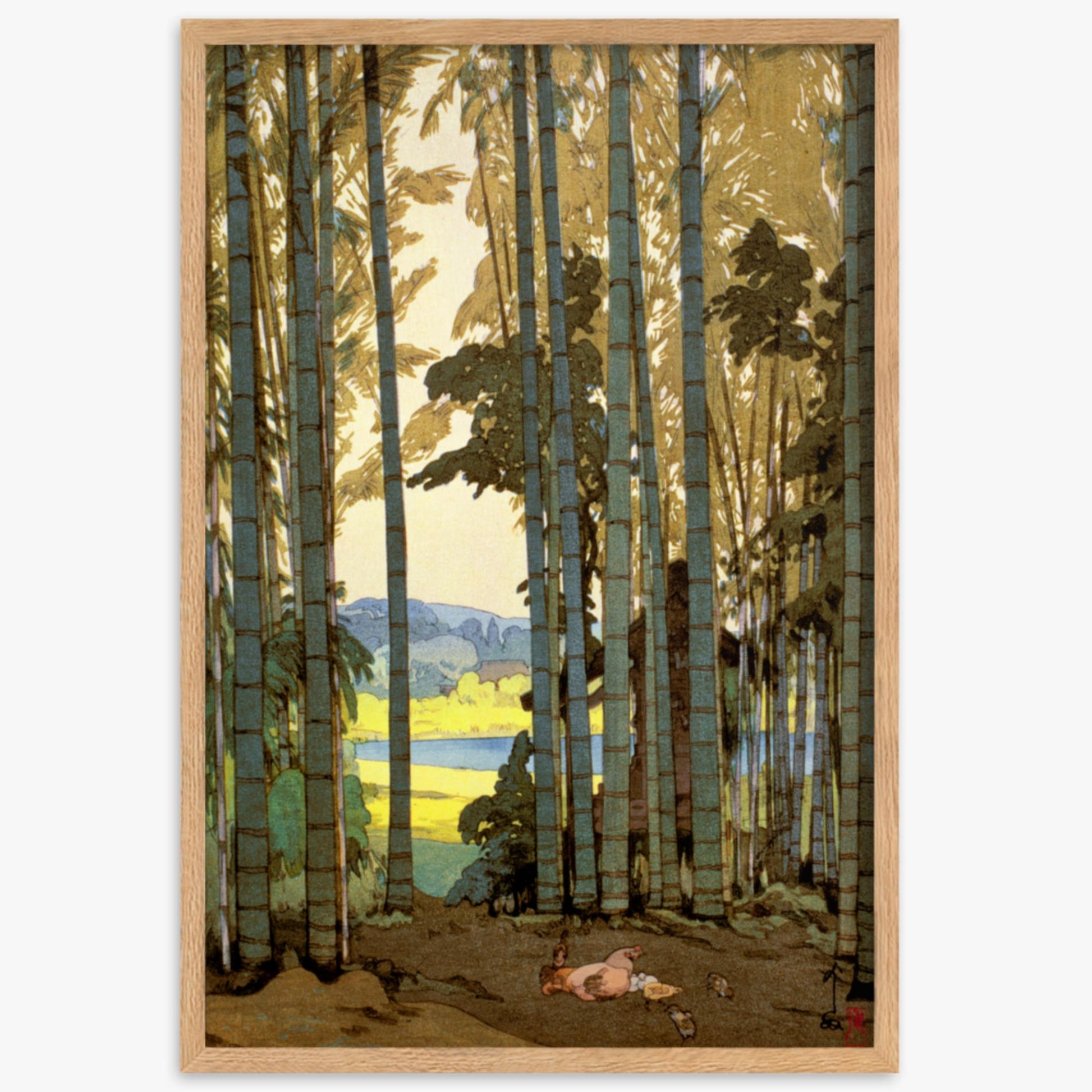 Hiroshi Yoshida: Hens in the bamboo wood - 61x91 cm Poster With Oak Frame