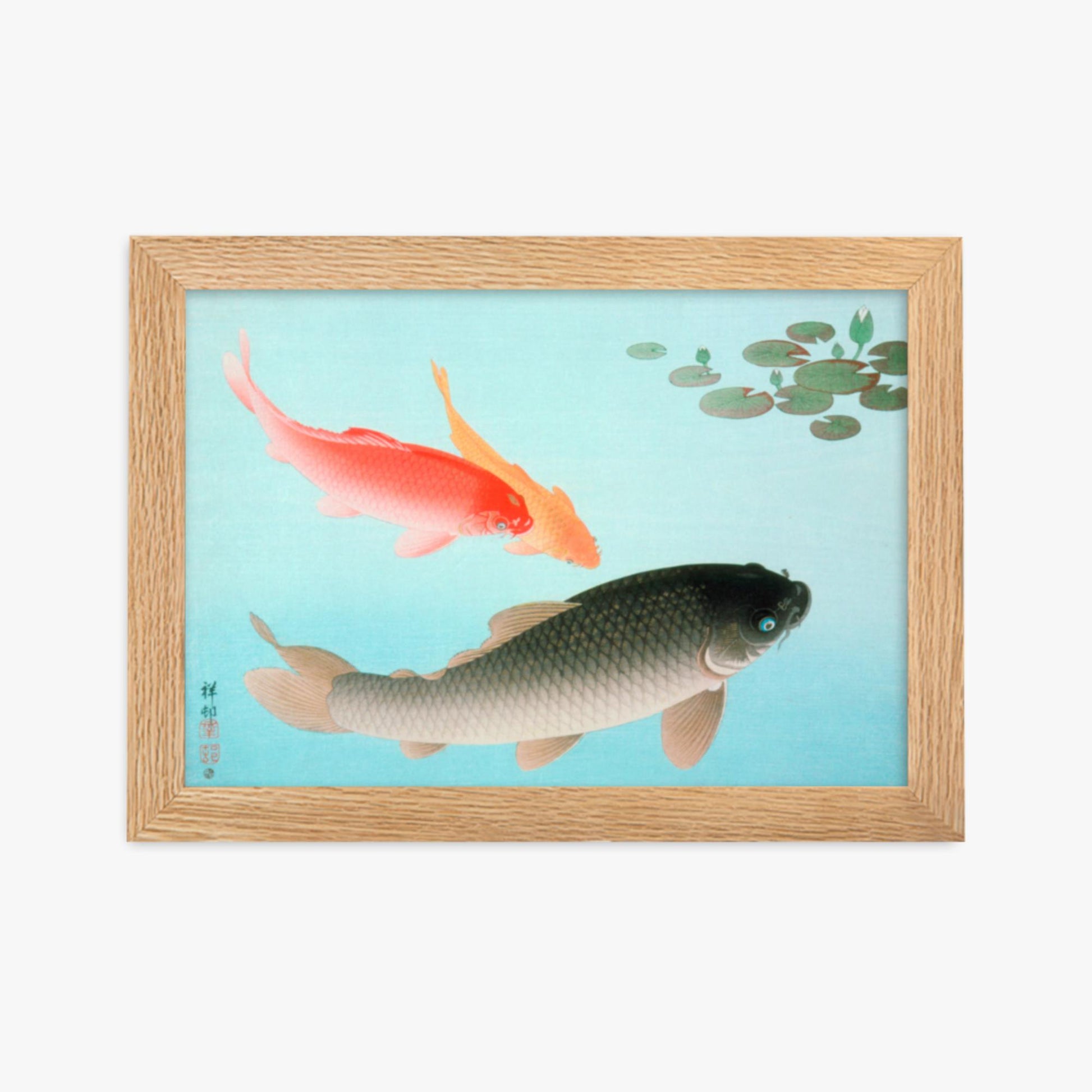 Ohara Koson - Common and Golden Carp 21x30 cm Poster With Oak Frame