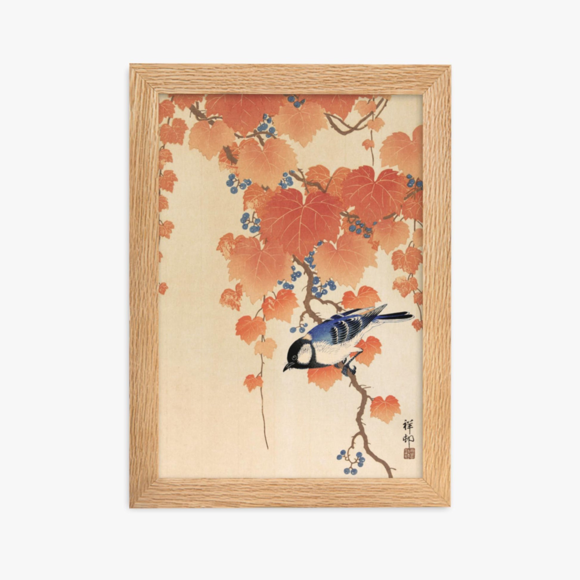 Ohara Koson - Great tit on paulownia branch 21x30 cm Poster With Oak Frame