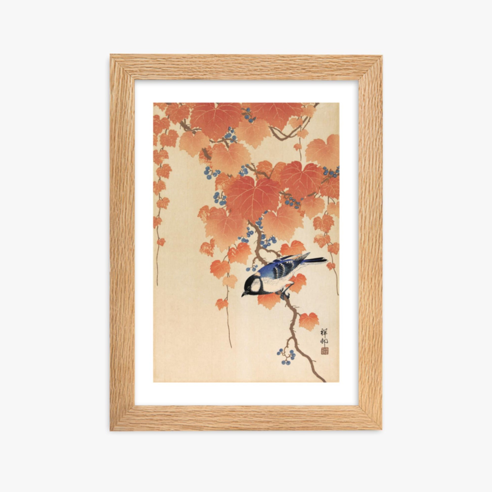 Ohara Koson - Great tit on paulownia branch 21x30 cm Poster With Oak Frame