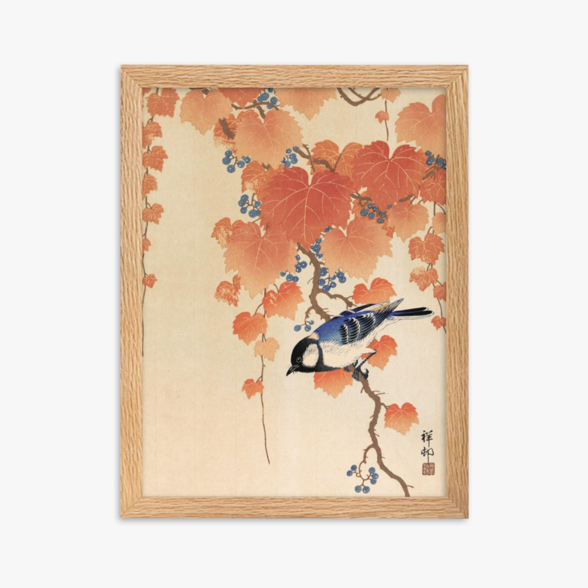 Ohara Koson - Great tit on paulownia branch 30x40 cm Poster With Oak Frame