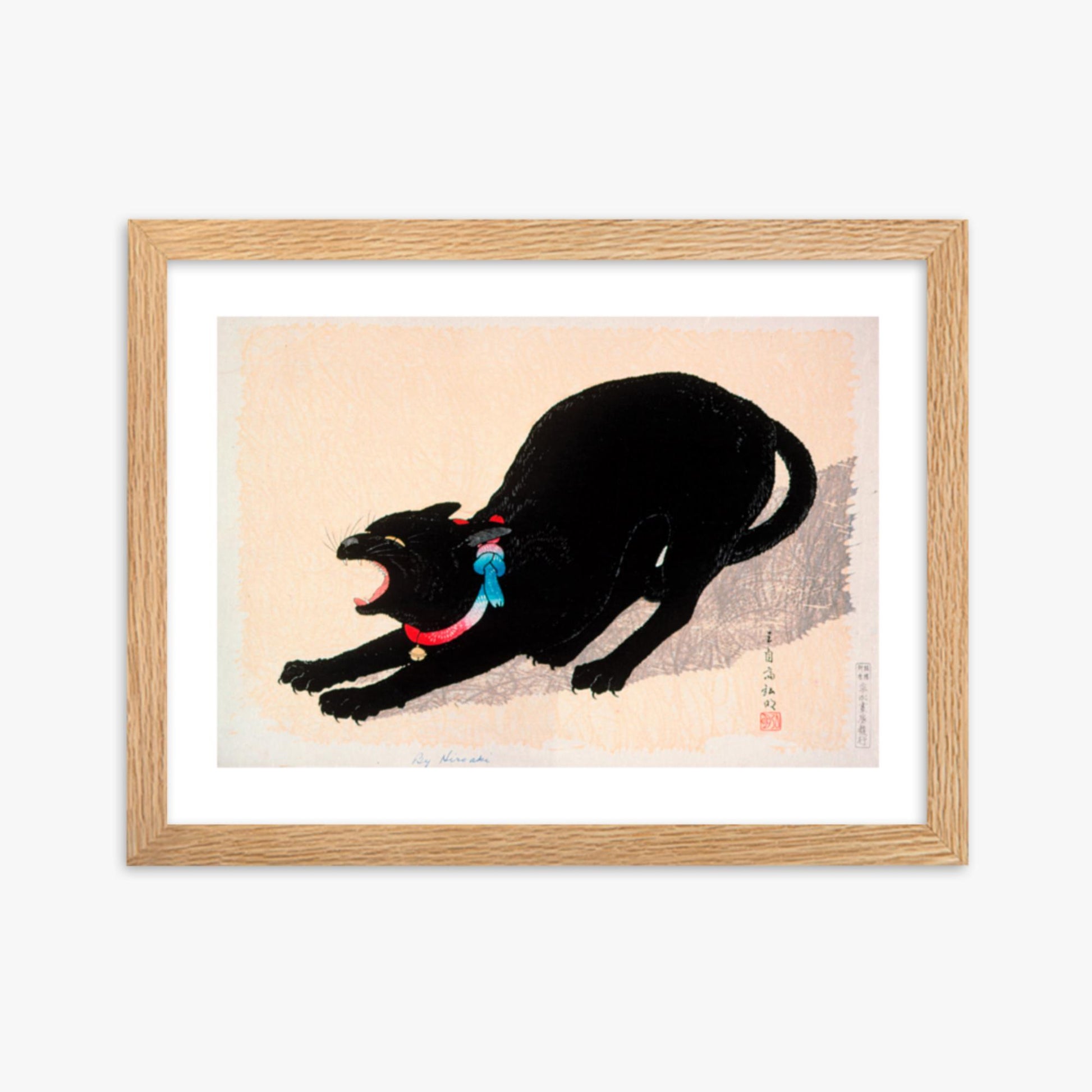 Takahashi Hiroaki (Shōtei) - Black Cat Hissing 30x40 cm Poster With Oak Frame