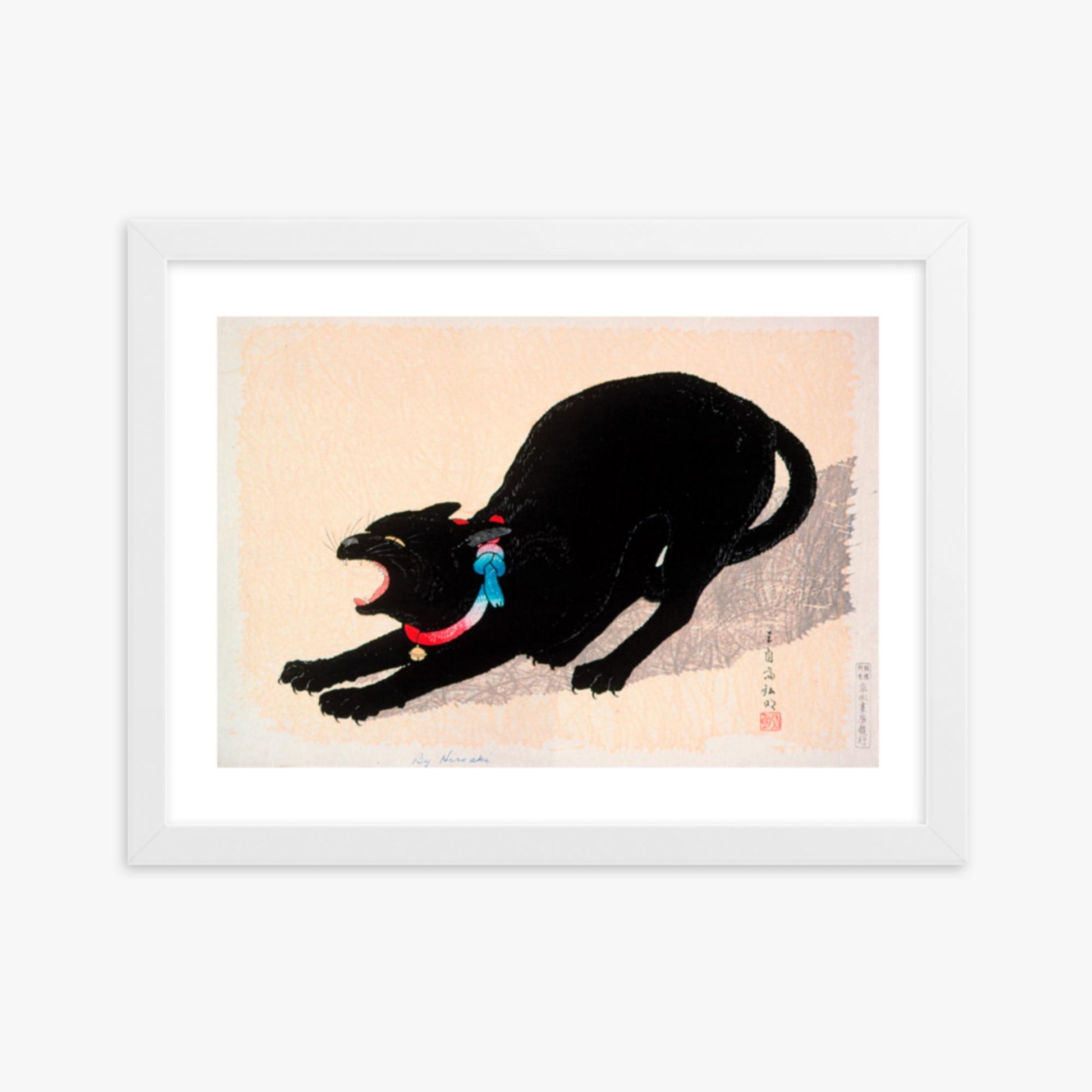 Takahashi Hiroaki (Shōtei) - Black Cat Hissing 30x40 cm Poster With White Frame