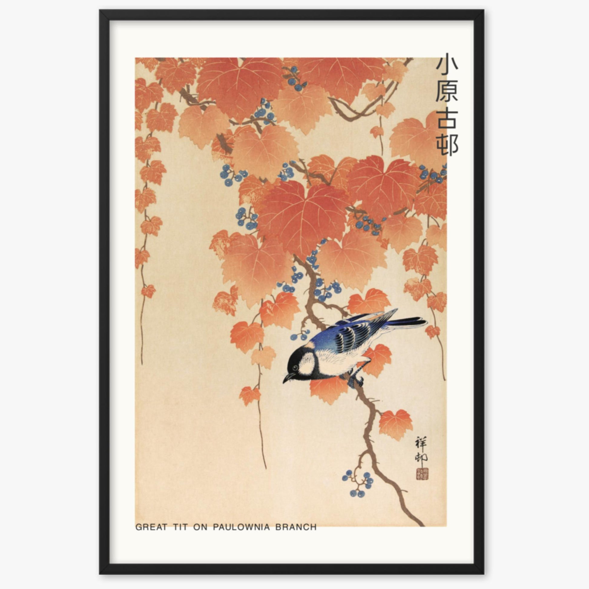 Ohara Koson - Great tit on paulownia branch - Decoration 61x91 cm Poster With Black Frame