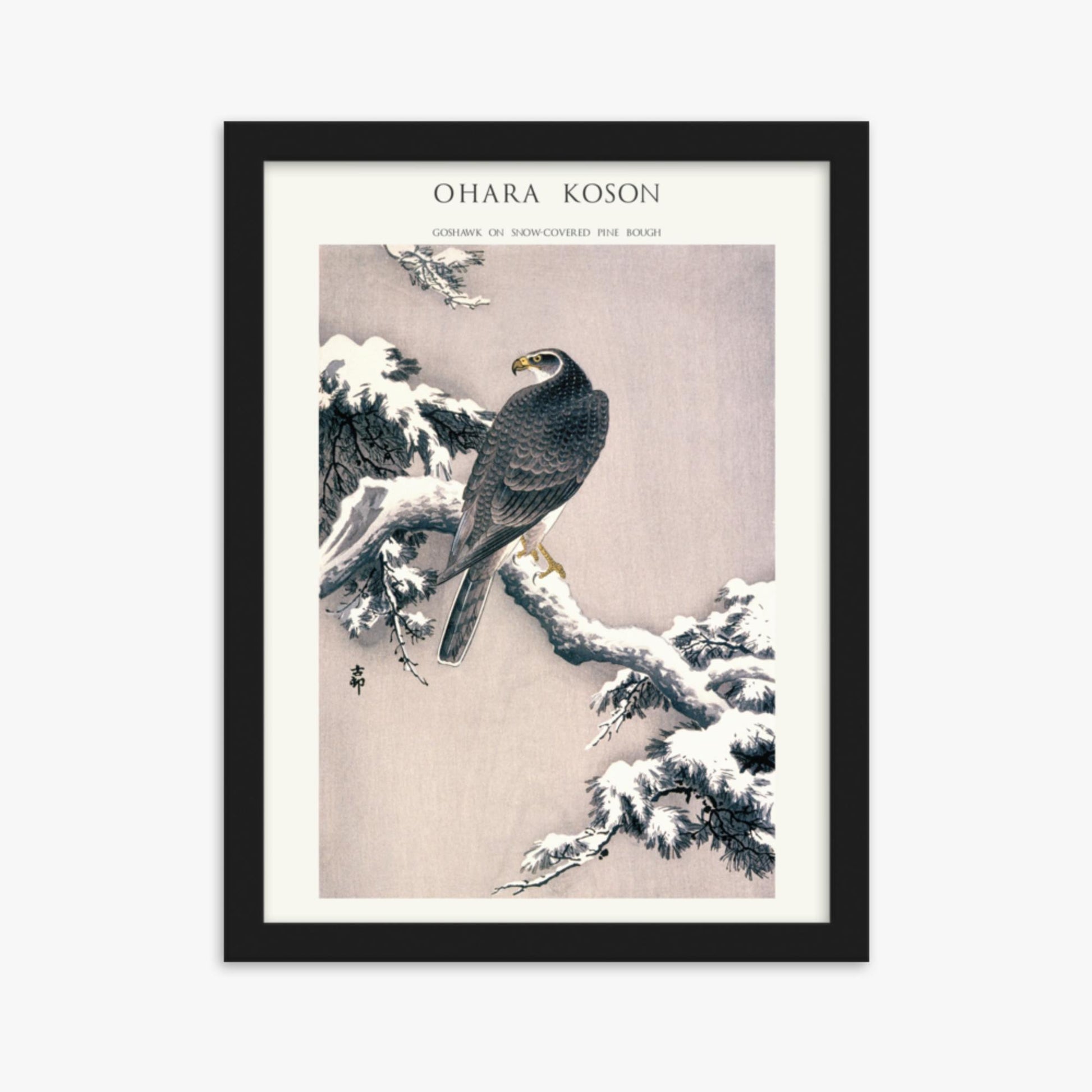 Ohara Koson - Goshawk on Snow-covered Pine Bough  - Decoration 30x40 cm Poster With Black Frame