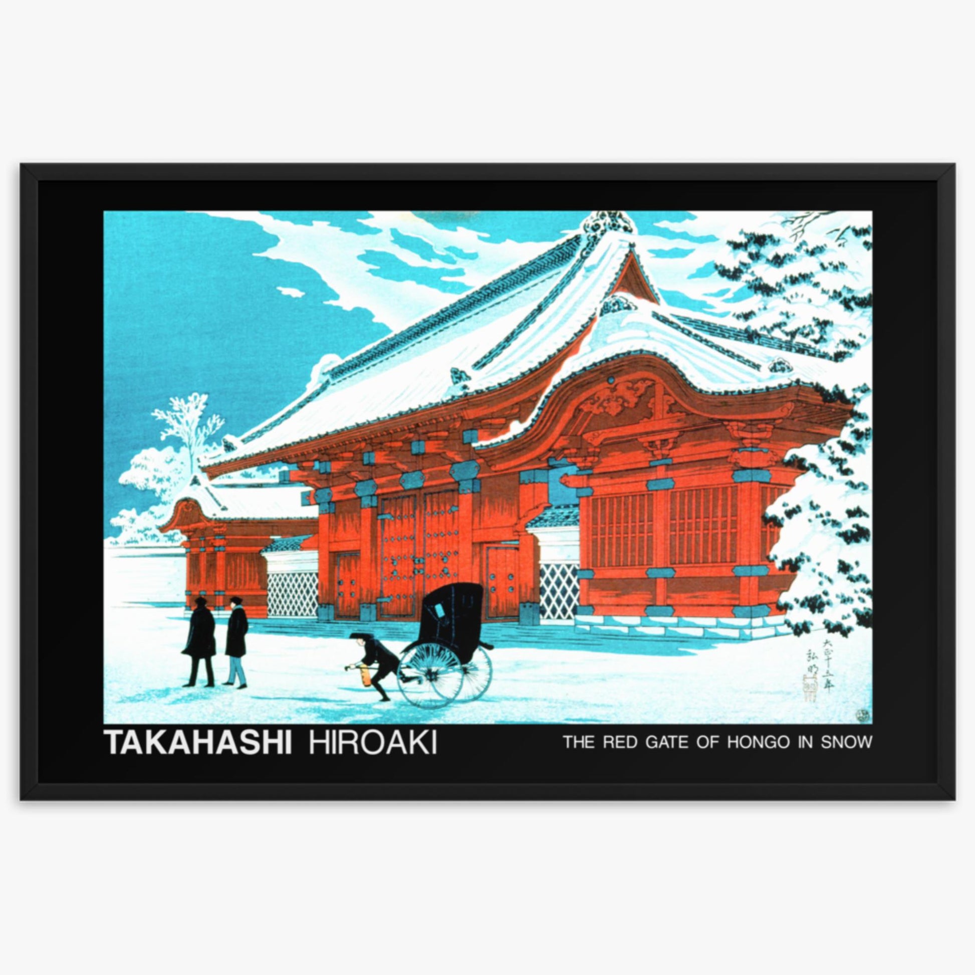 Hiroaki Takahashi - The Red Gate of Hongo in Snow - Decoration 61x91 cm Poster With Black Frame