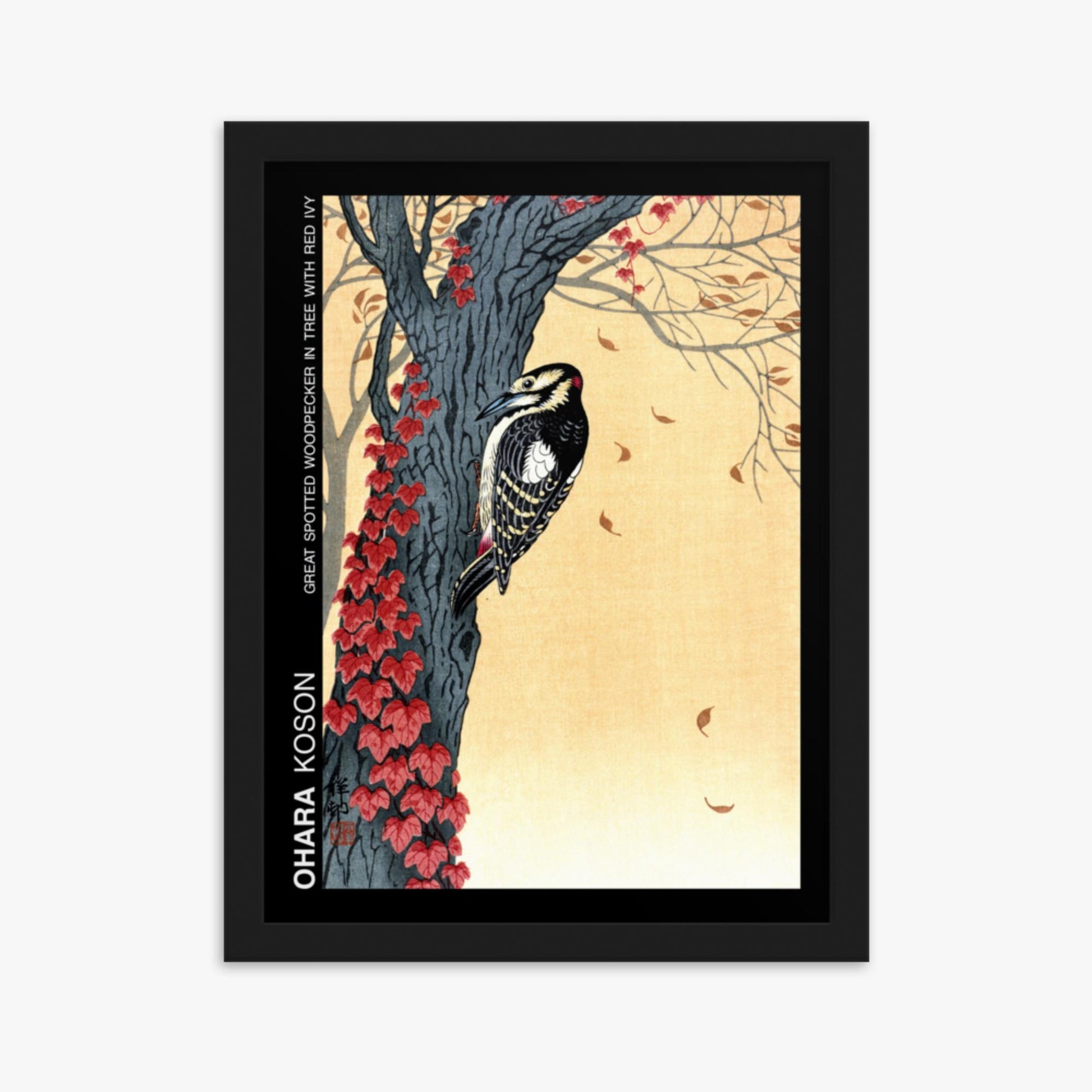 Ohara Koson - Great spotted woodpecker in tree with red ivy - Decoration 30x40 cm Poster With Black Frame