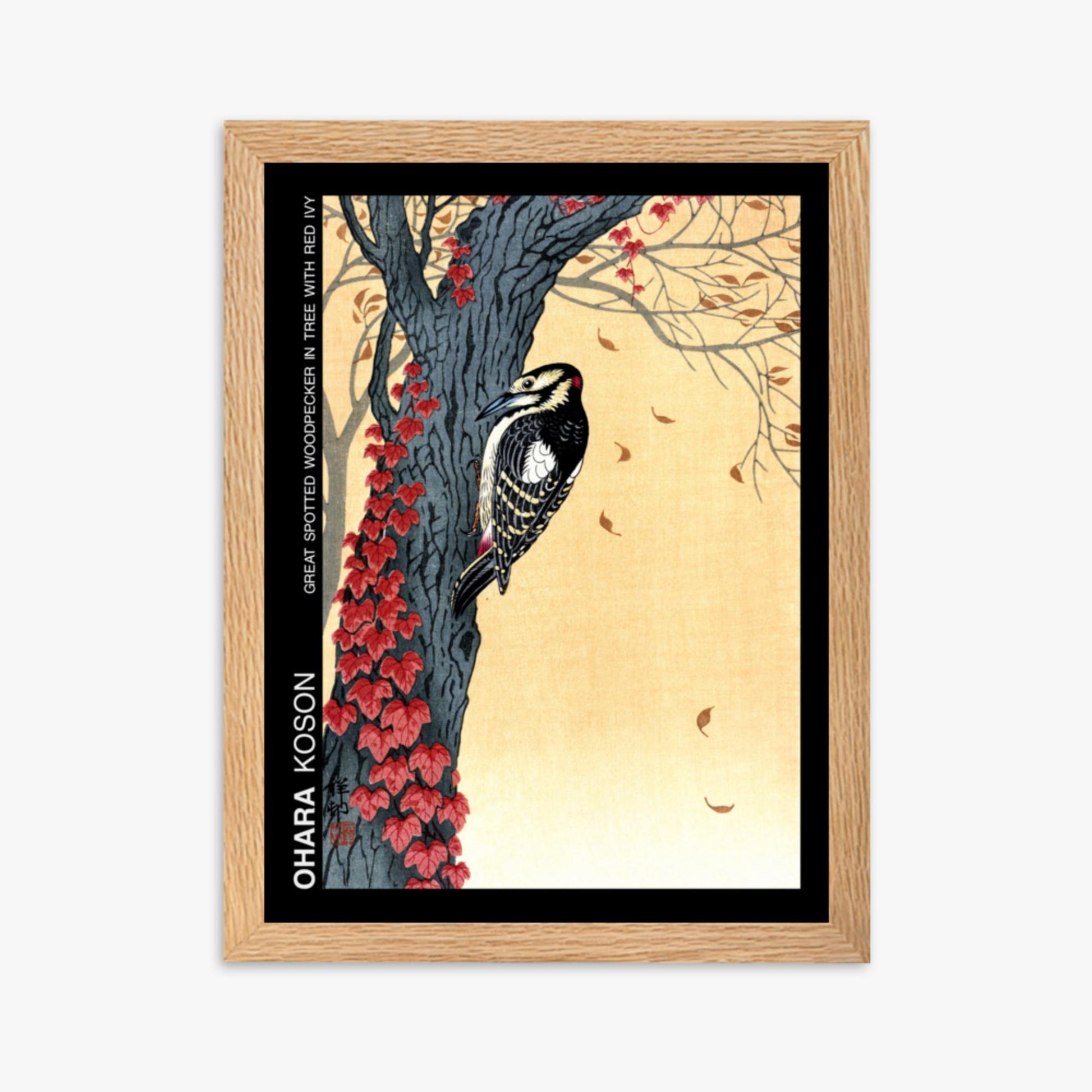 Ohara Koson - Great spotted woodpecker in tree with red ivy - Decoration 30x40 cm Poster With Oak Frame