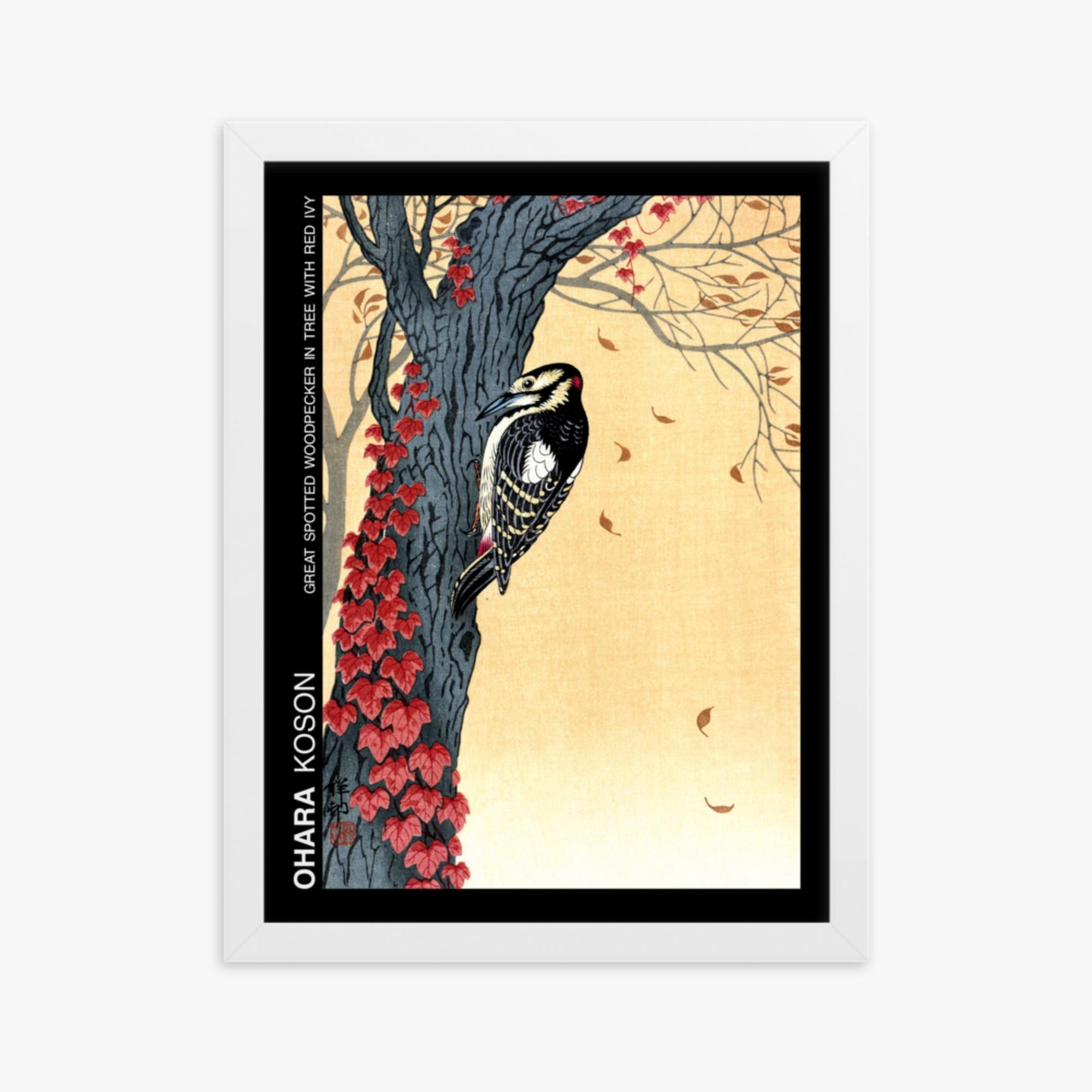 Ohara Koson - Great spotted woodpecker in tree with red ivy - Decoration 30x40 cm Poster With White Frame