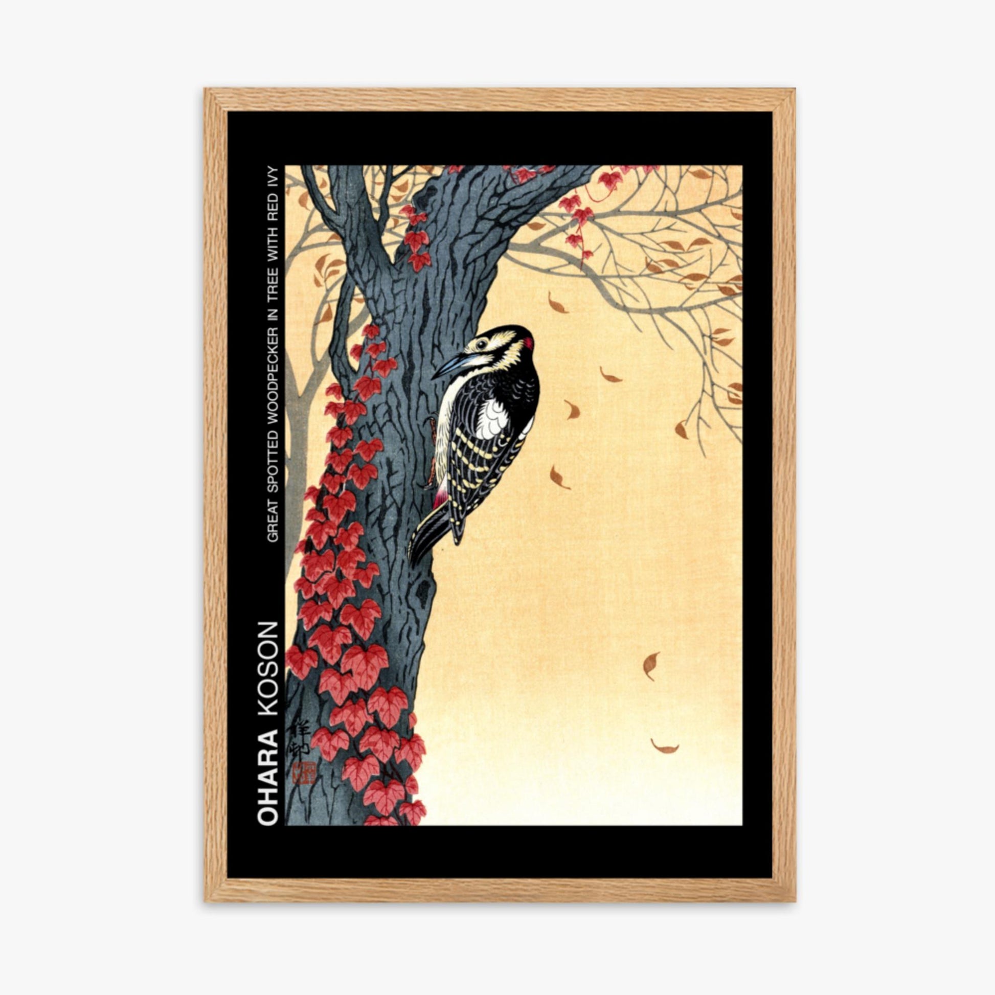 Ohara Koson - Great spotted woodpecker in tree with red ivy - Decoration 50x70 cm Poster With Oak Frame