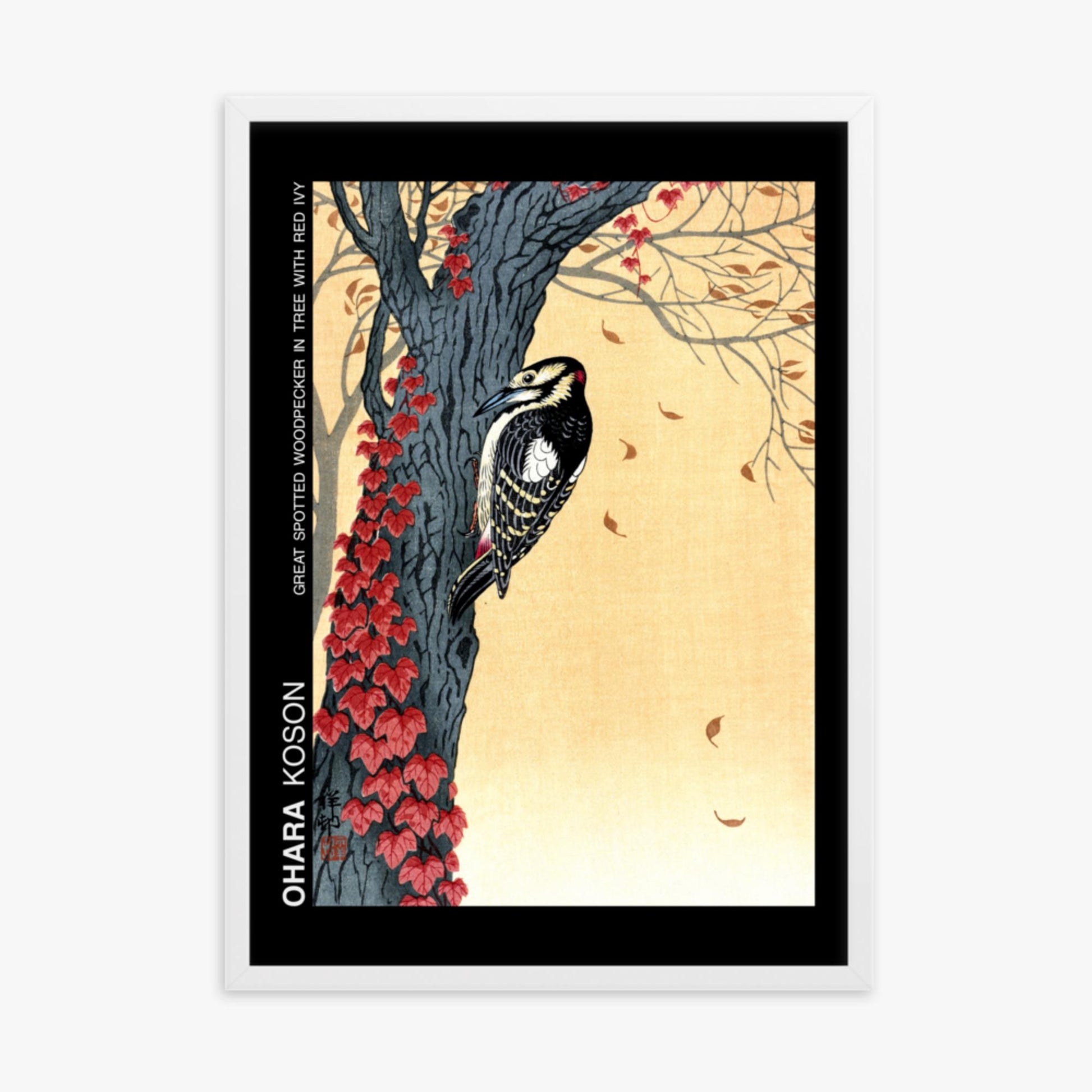 Ohara Koson - Great spotted woodpecker in tree with red ivy - Decoration 50x70 cm Poster With White Frame