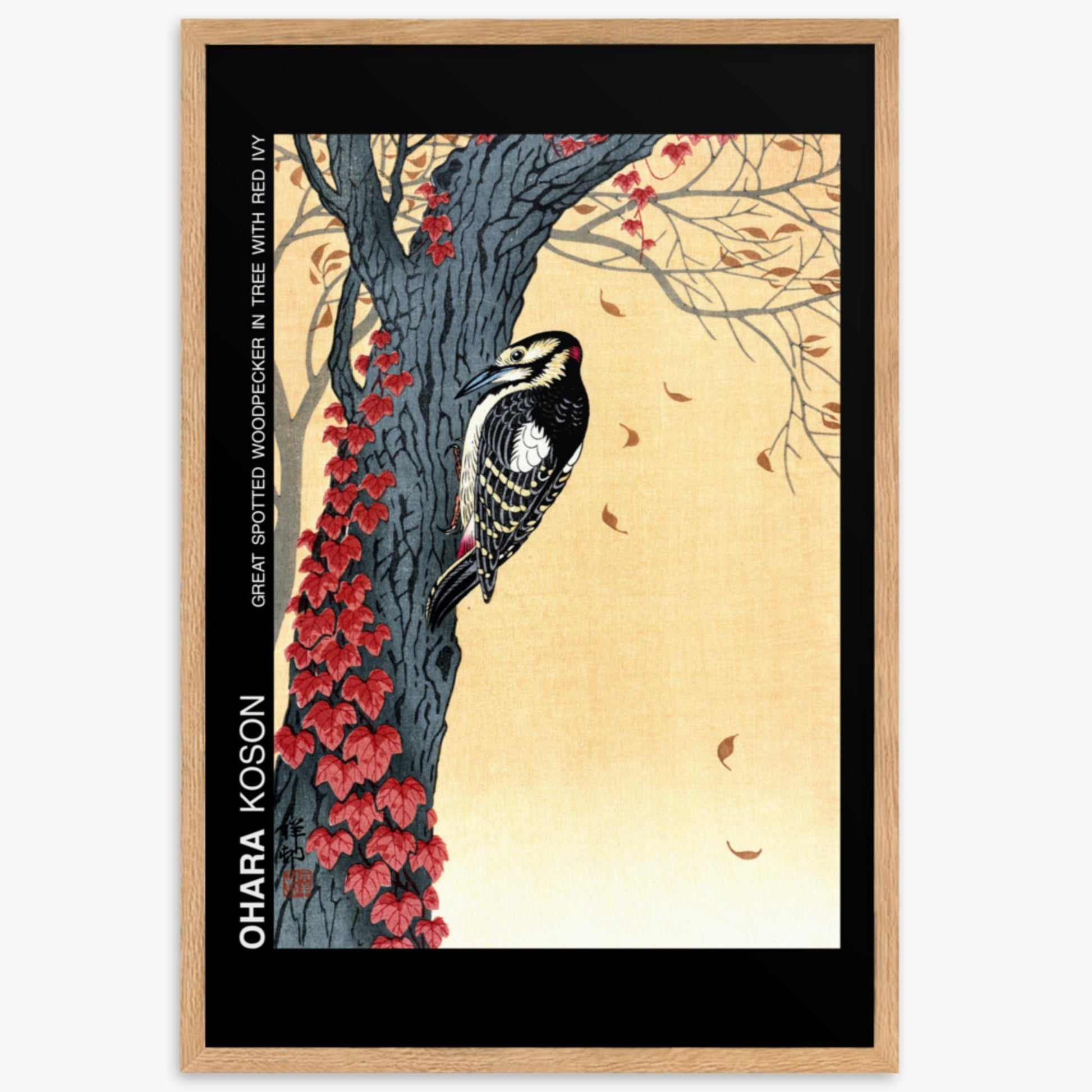 Ohara Koson - Great spotted woodpecker in tree with red ivy - Decoration 61x91 cm Poster With Oak Frame