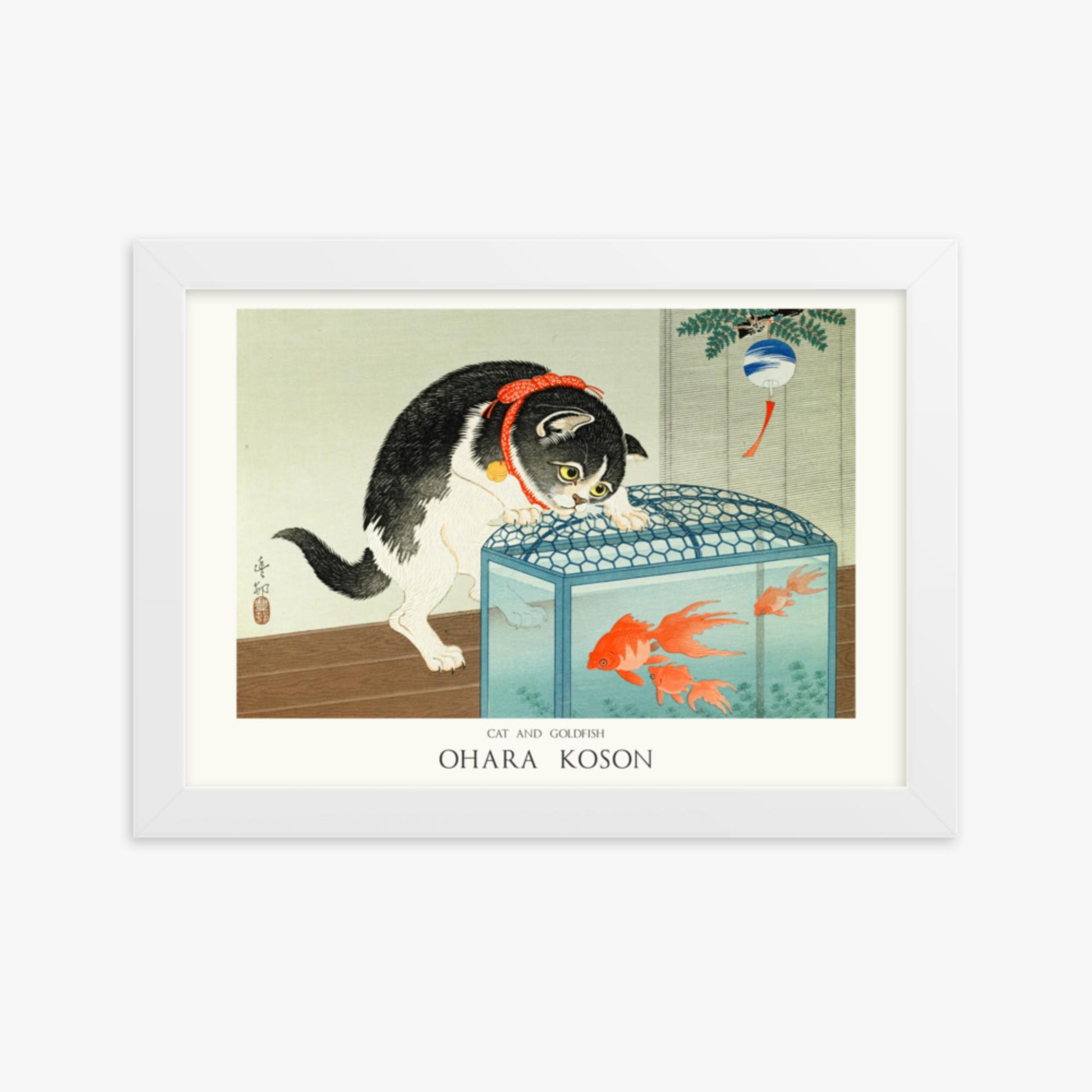 Ohara Koson: Cat and Goldfish - Japandi - 21x30 cm Poster With White Frame