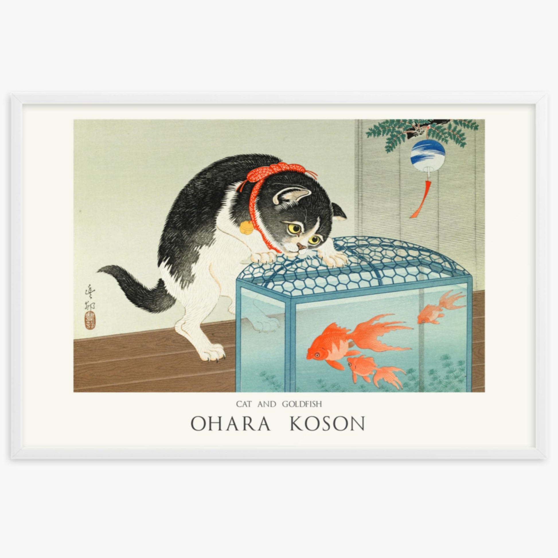 Ohara Koson: Cat and Goldfish - Japandi - 61x91 cm Poster With White Frame