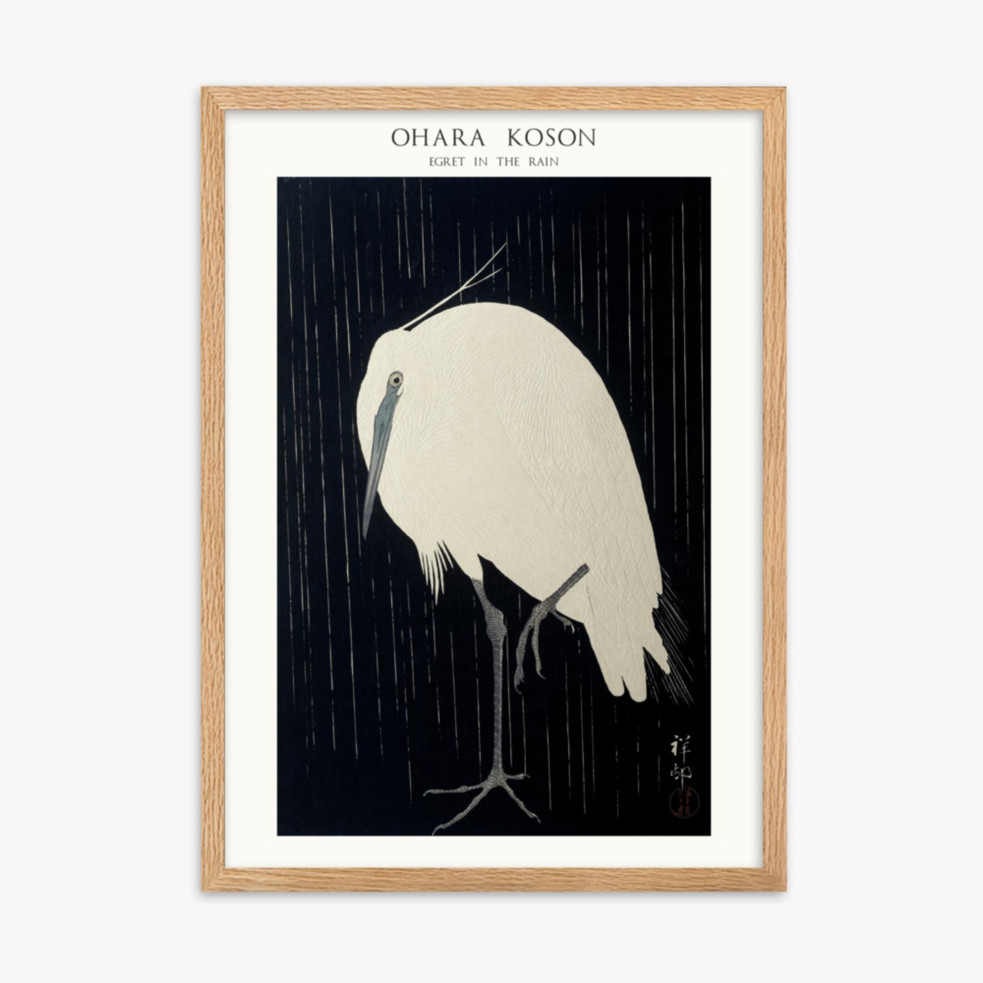 Ohara Koson: Egret in the Rain - Japandi - 50x70 cm Poster With Oak Frame