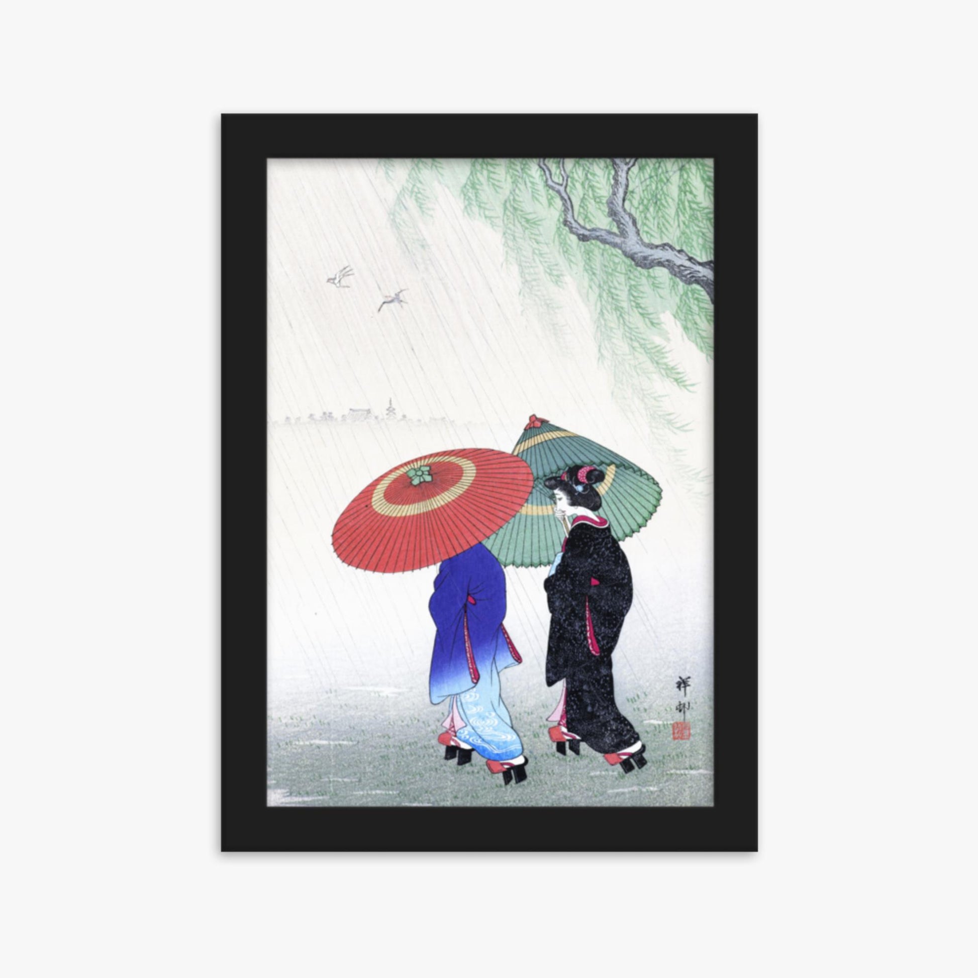 Ohara Koson - Two Women in the Rain 21x30 cm Poster With Black Frame