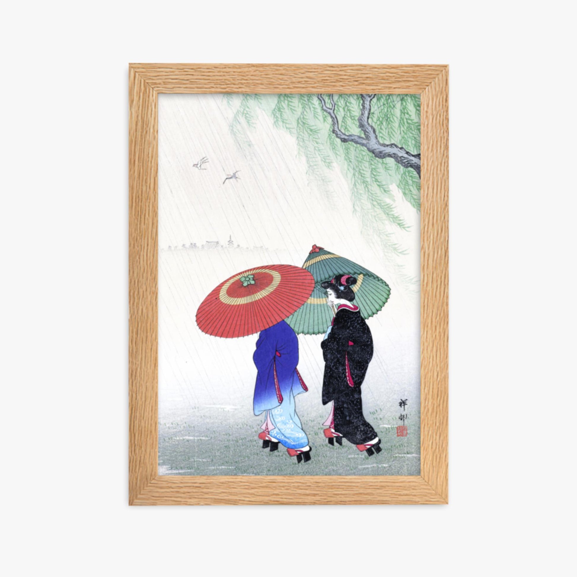 Ohara Koson - Two Women in the Rain 21x30 cm Poster With Oak Frame