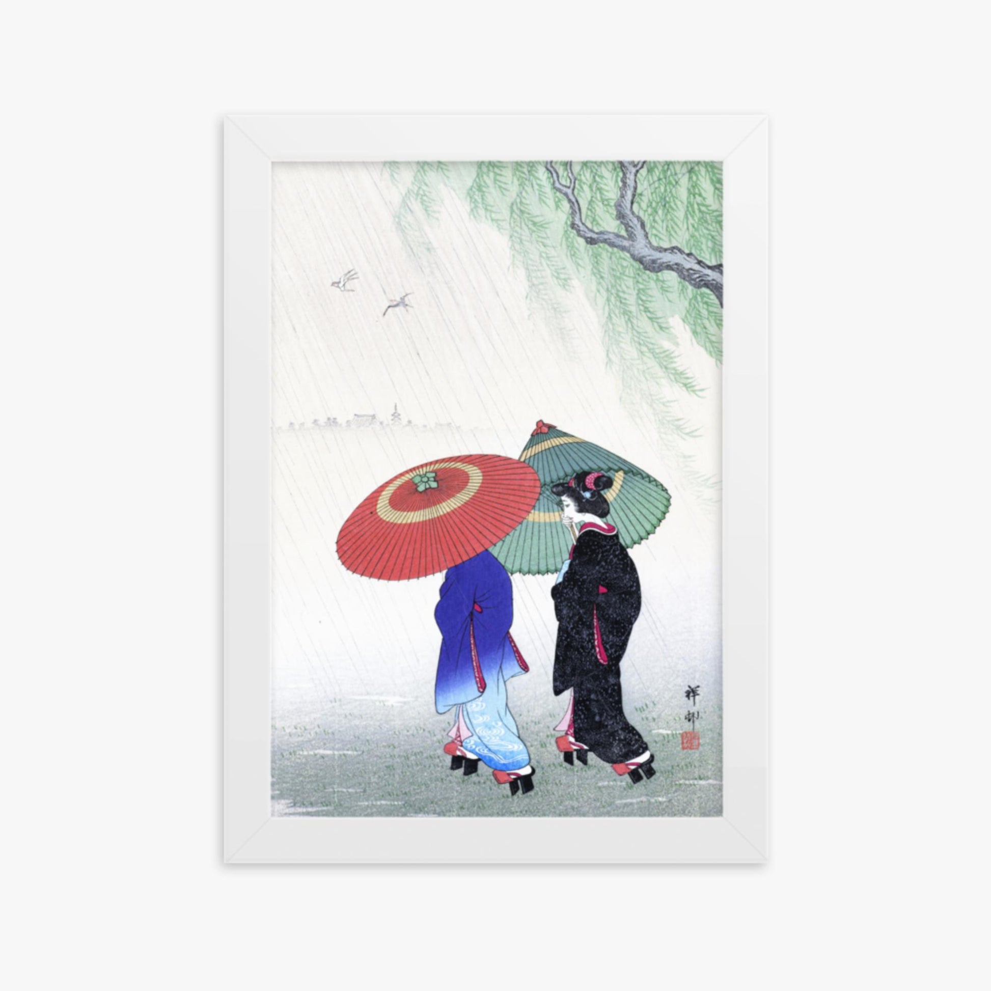 Ohara Koson - Two Women in the Rain 21x30 cm Poster With White Frame