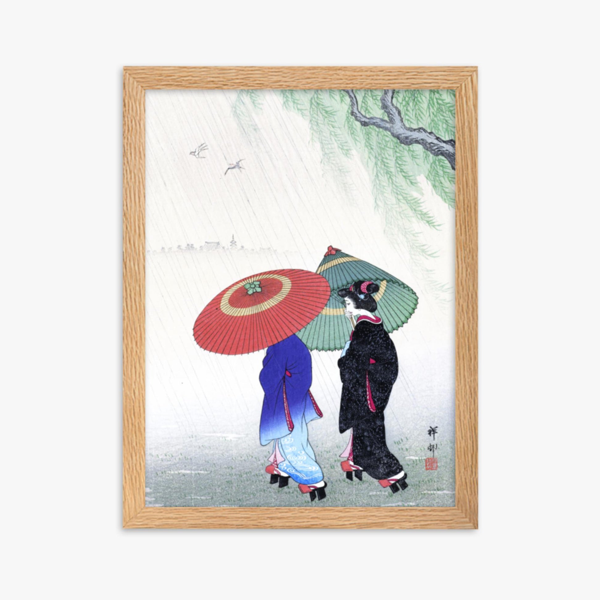 Ohara Koson - Two Women in the Rain 30x40 cm Poster With Oak Frame