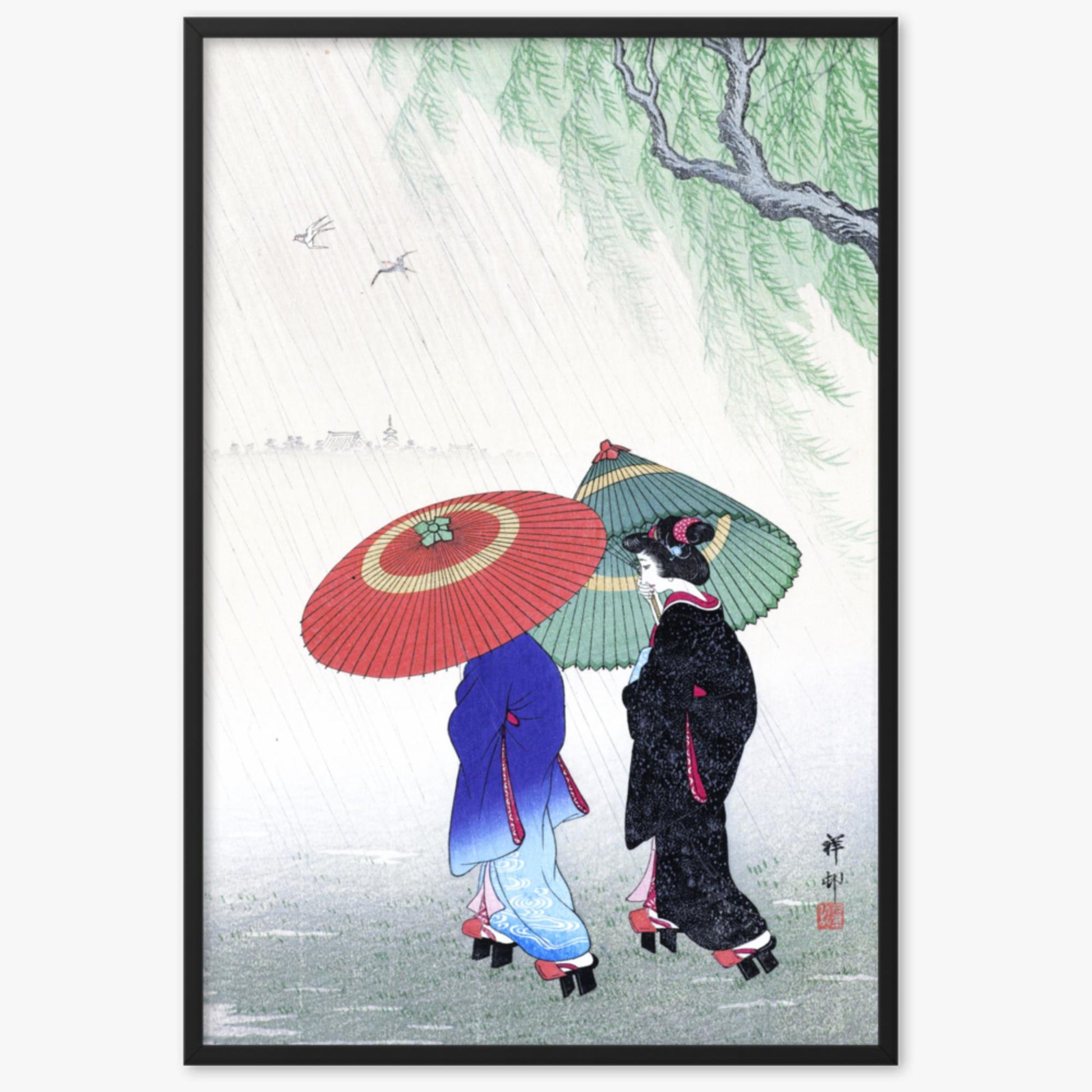 Ohara Koson - Two Women in the Rain 61x91 cm Poster With Black Frame