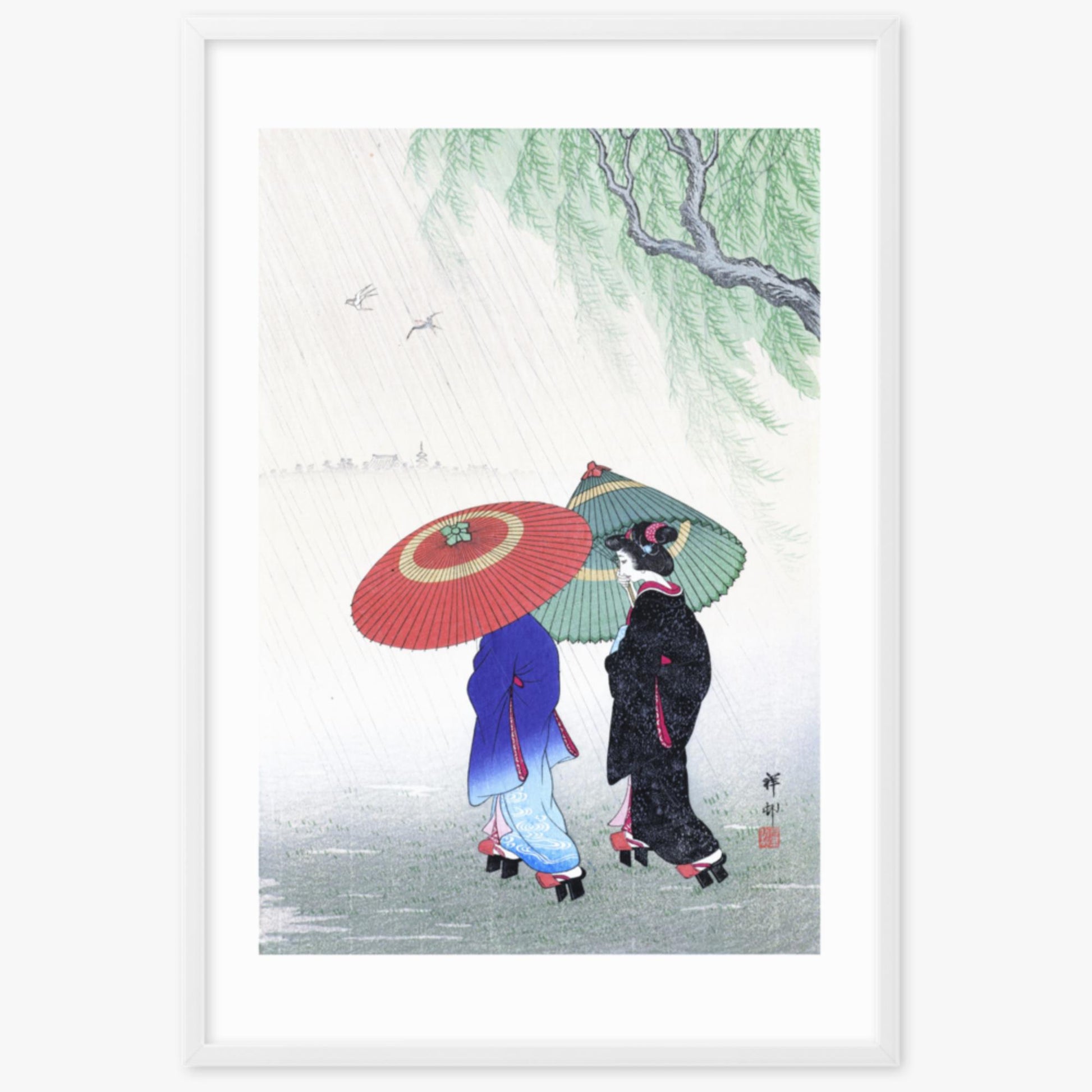 Ohara Koson - Two Women in the Rain 61x91 cm Poster With White Frame