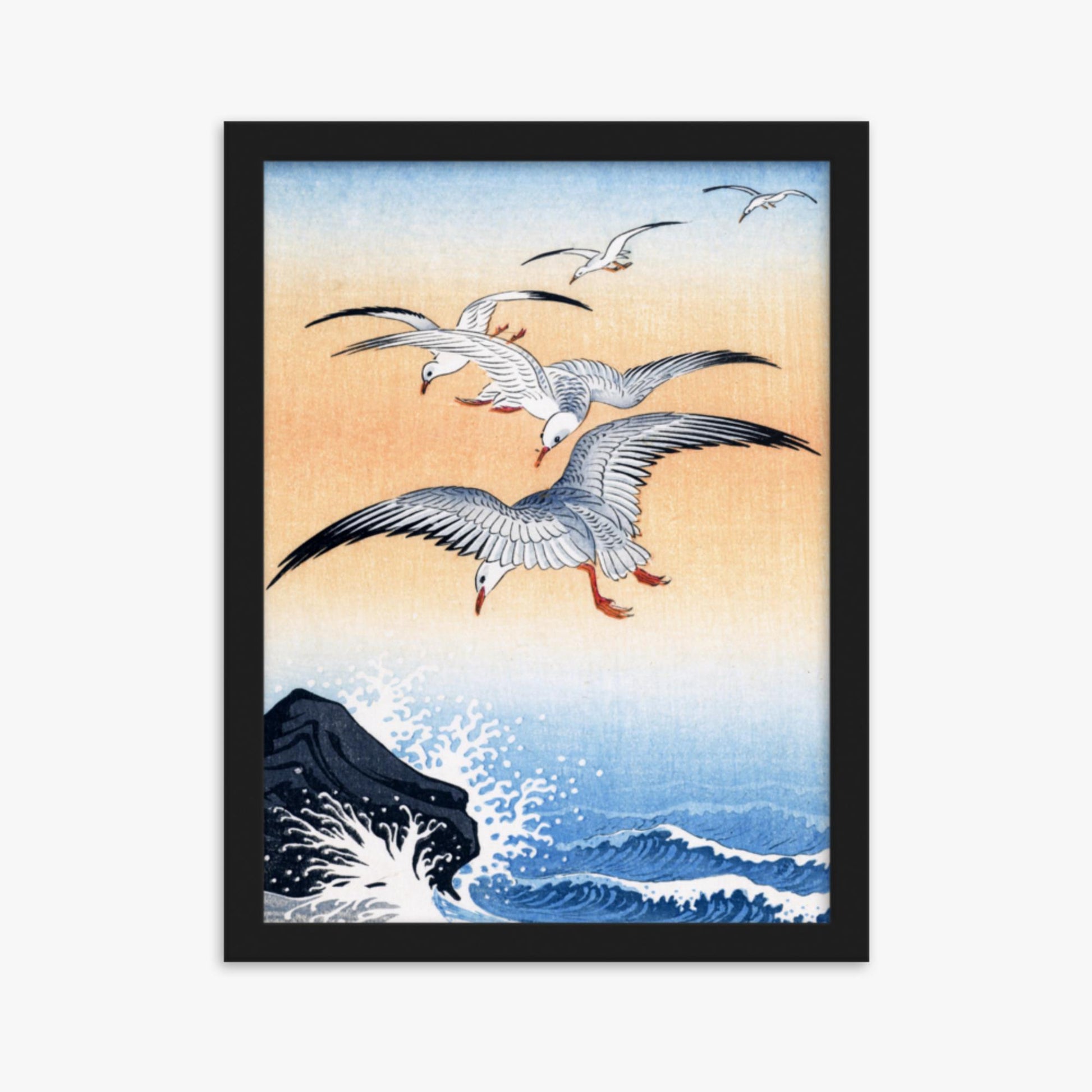 Ohara Koson - Five Seagulls Above Turbulent Sea 30x40 cm Poster With Black Frame