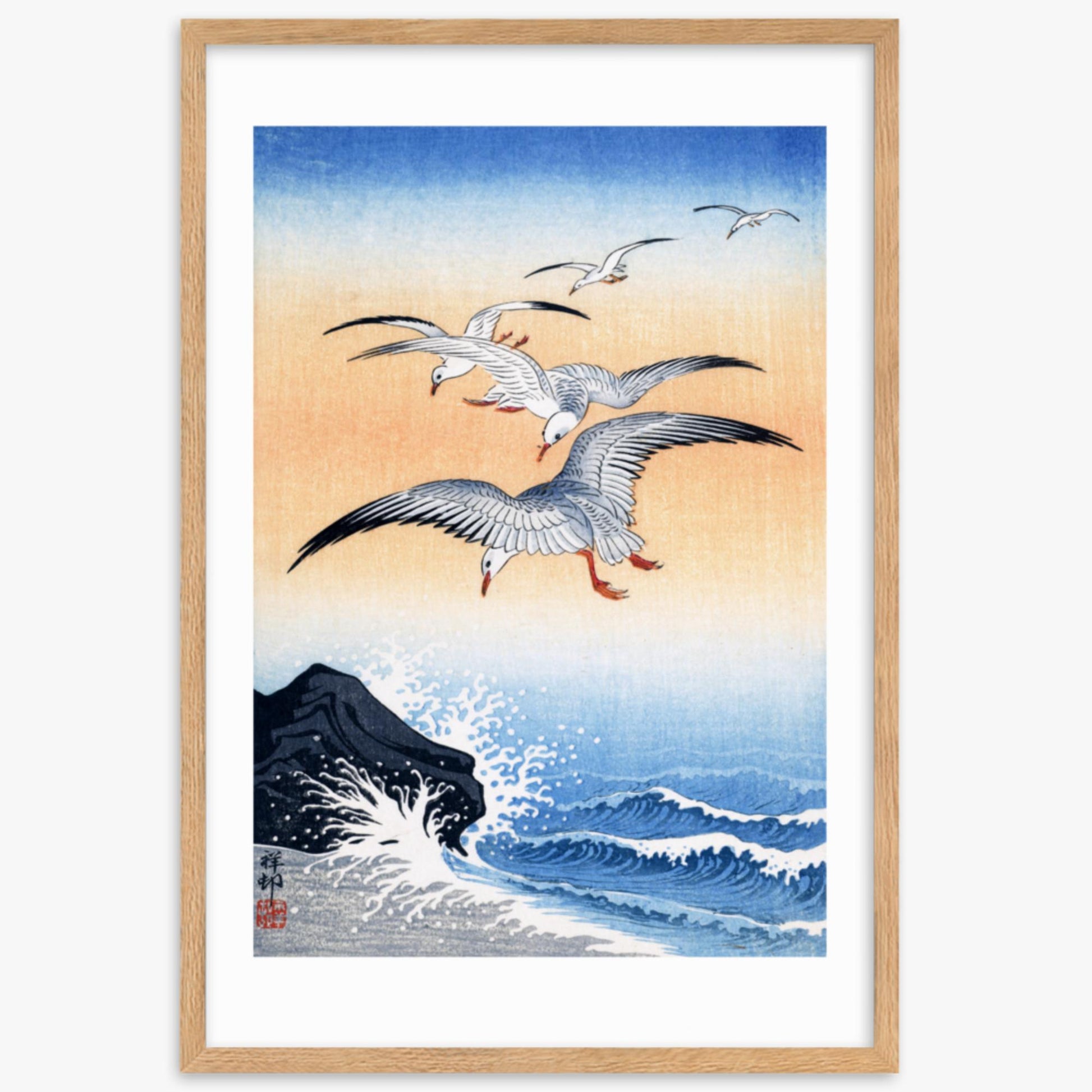 Ohara Koson - Five Seagulls Above Turbulent Sea 61x91 cm Poster With Oak Frame