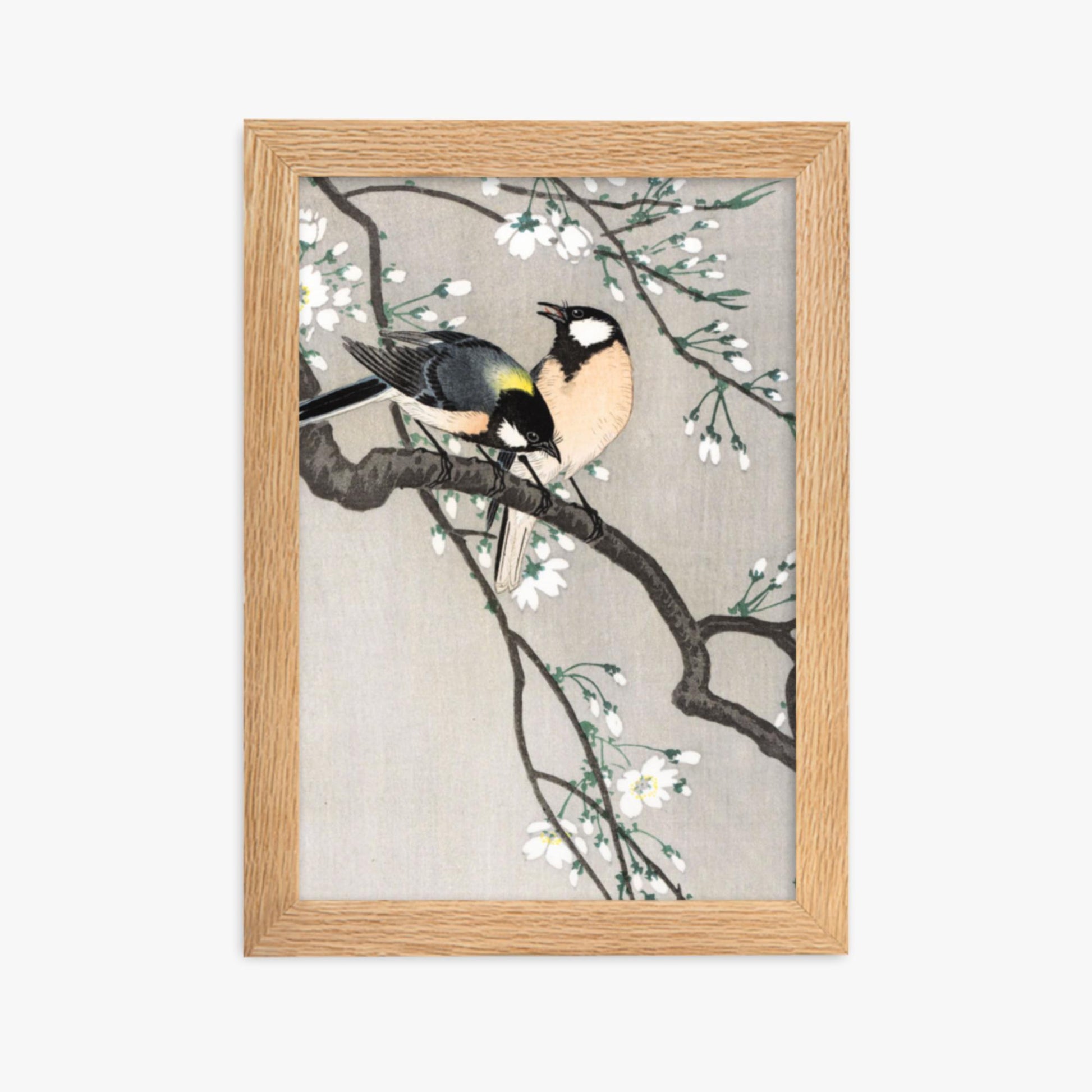 Ohara Koson - Tits on Cherry Branch 21x30 cm Poster With Oak Frame