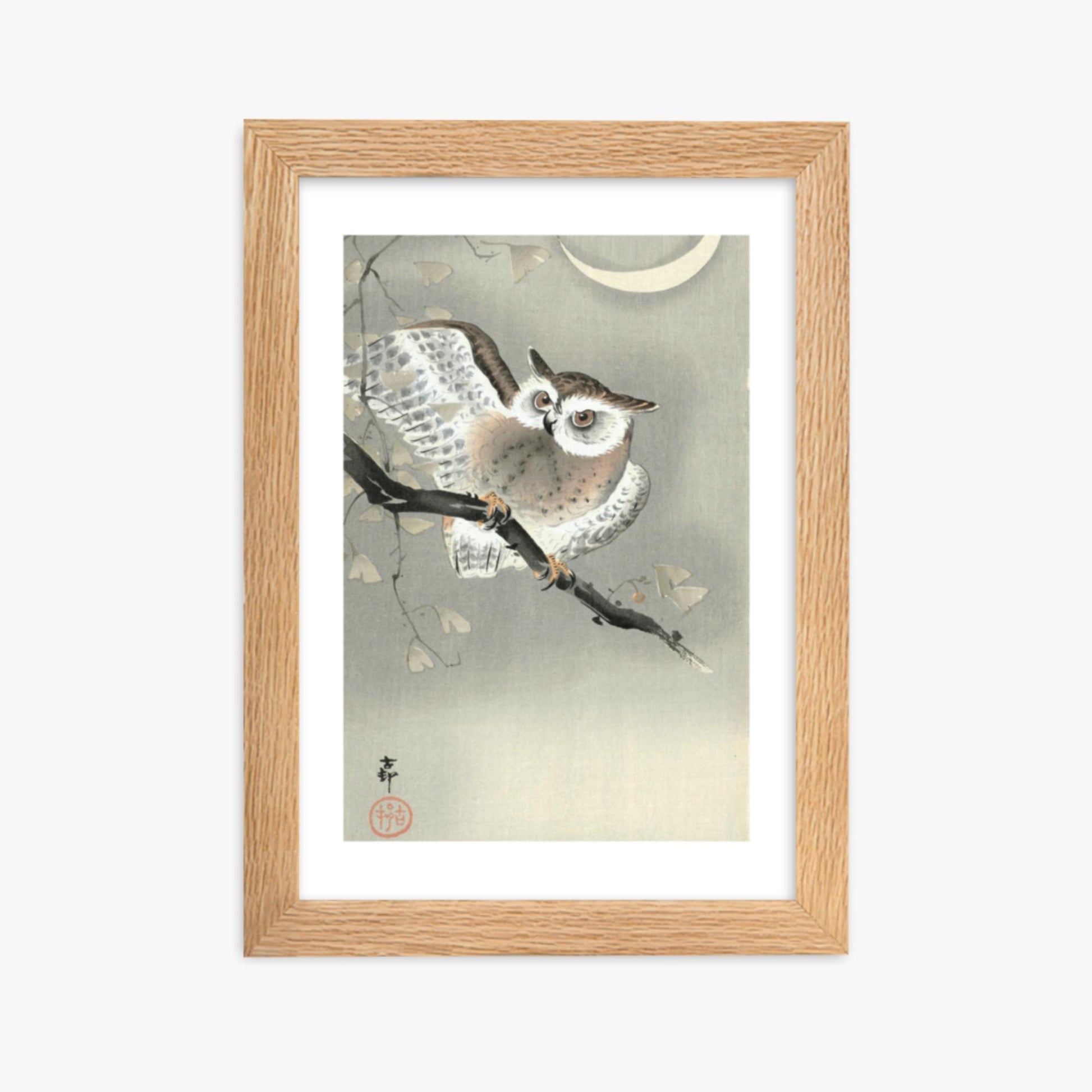 Ohara Koson - Long-Eared Owl in Ginkgo 21x30 cm Poster With Oak Frame