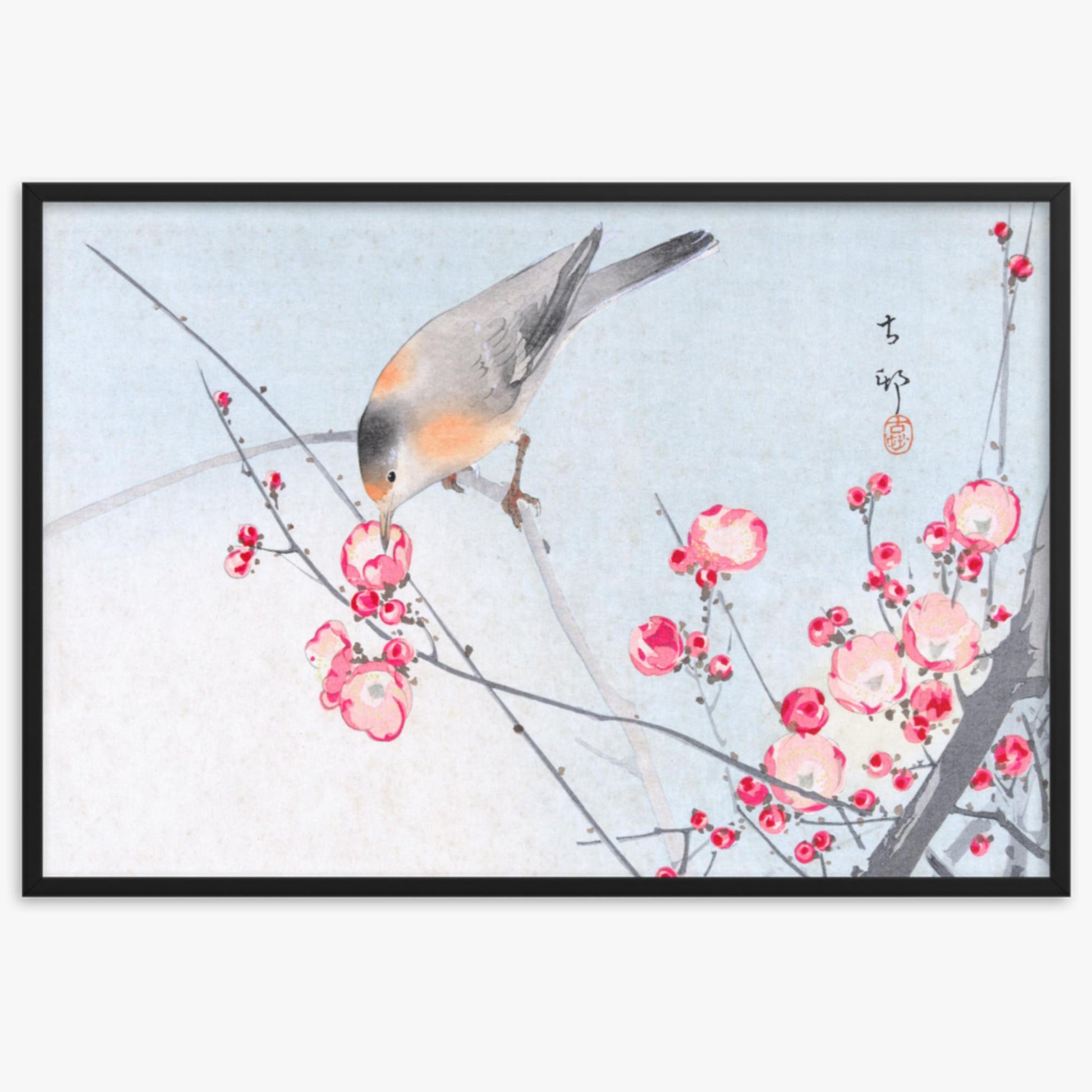 Ohara Koson - Songbird on Blossom Branch 61x91 cm Poster With Black Frame