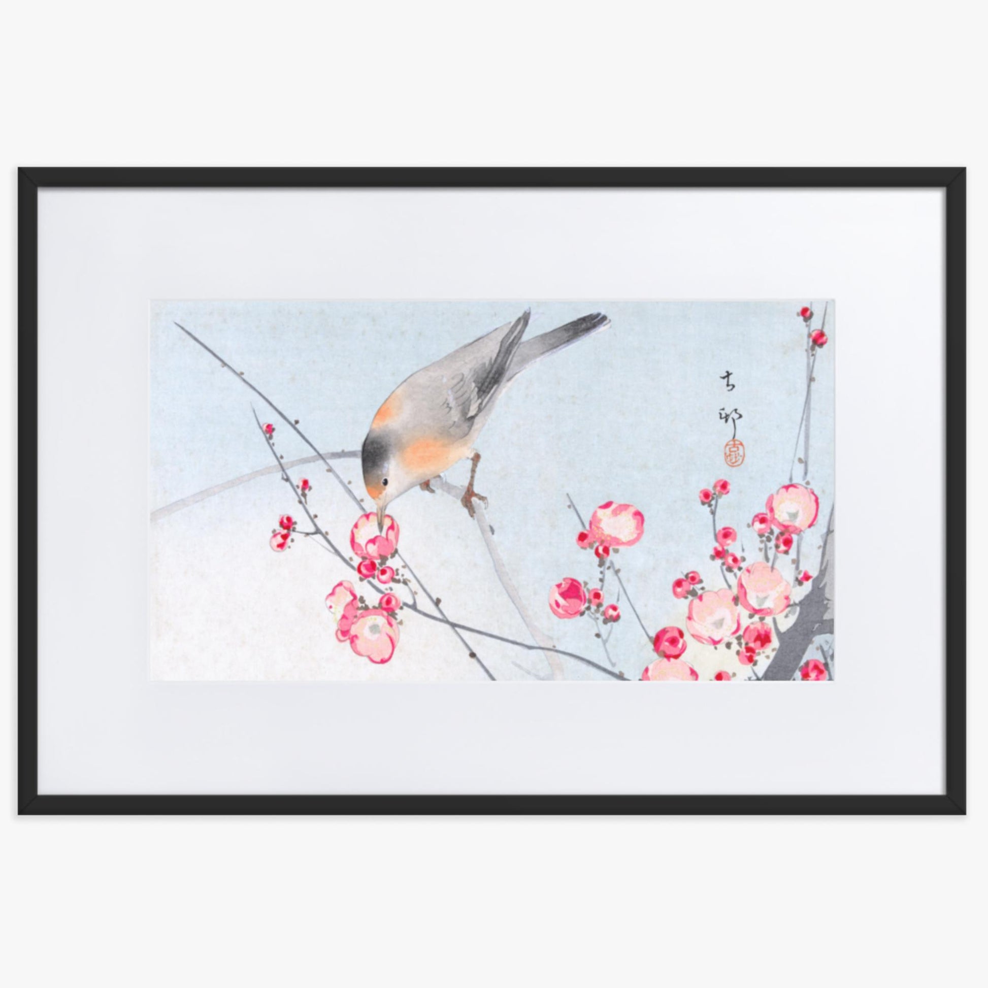 Ohara Koson - Songbird on Blossom Branch 61x91 cm Poster With Black Frame