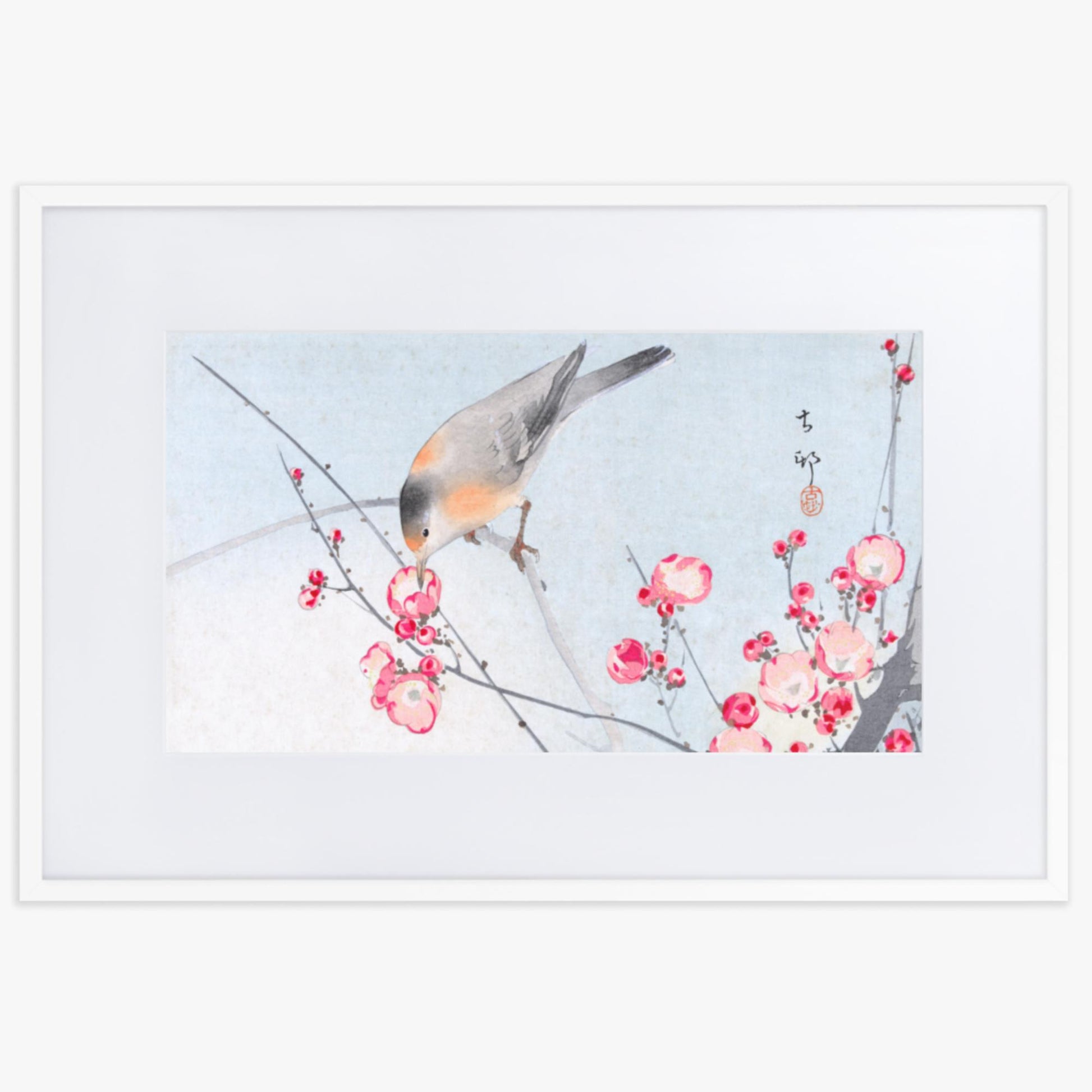 Ohara Koson - Songbird on Blossom Branch 61x91 cm Poster With White Frame