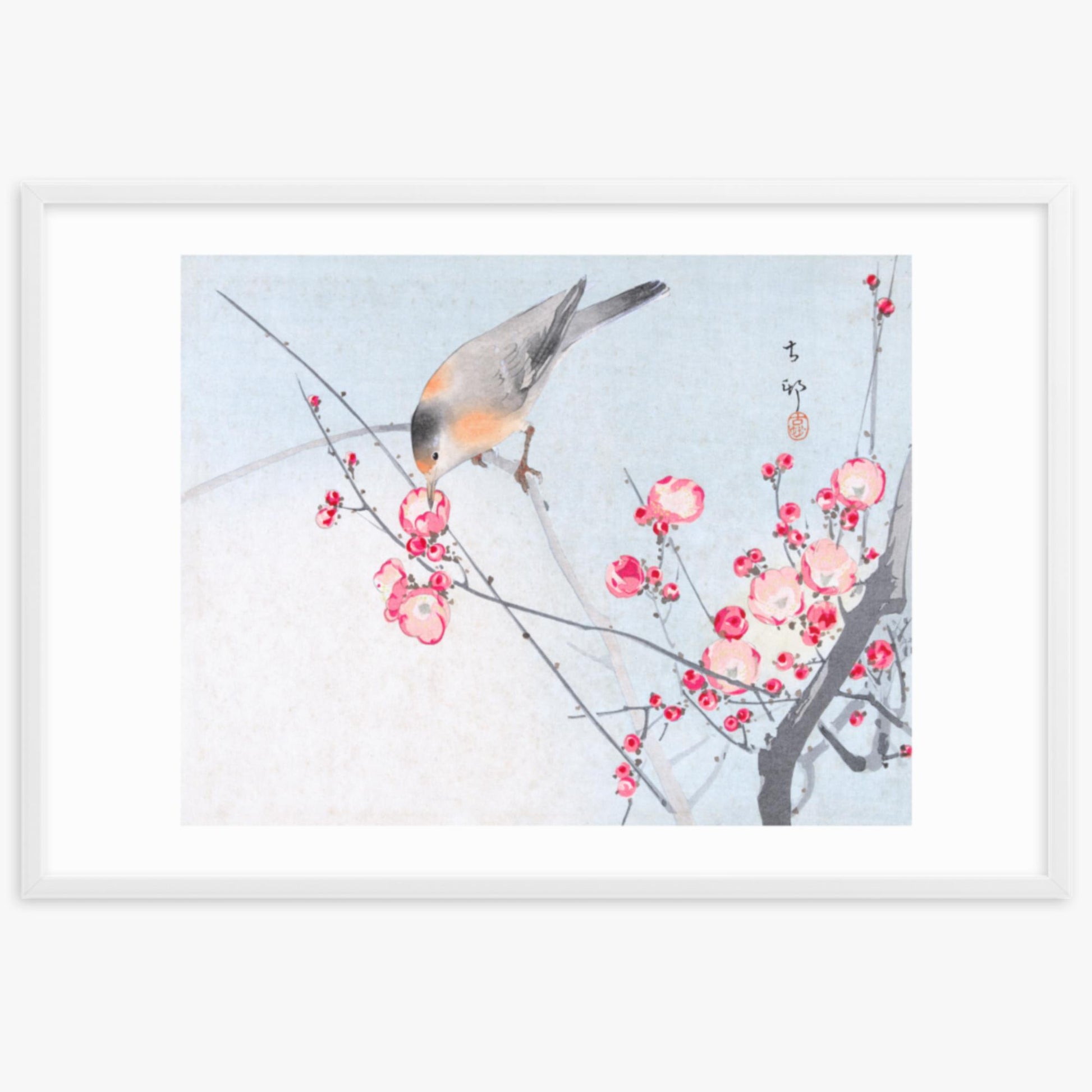 Ohara Koson - Songbird on Blossom Branch 61x91 cm Poster With White Frame