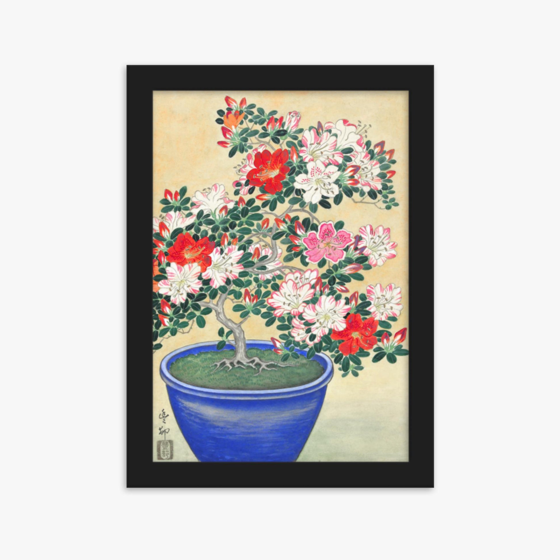 Ohara Koson - Blooming Azalea in Blue Pot 21x30 cm Poster With Black Frame