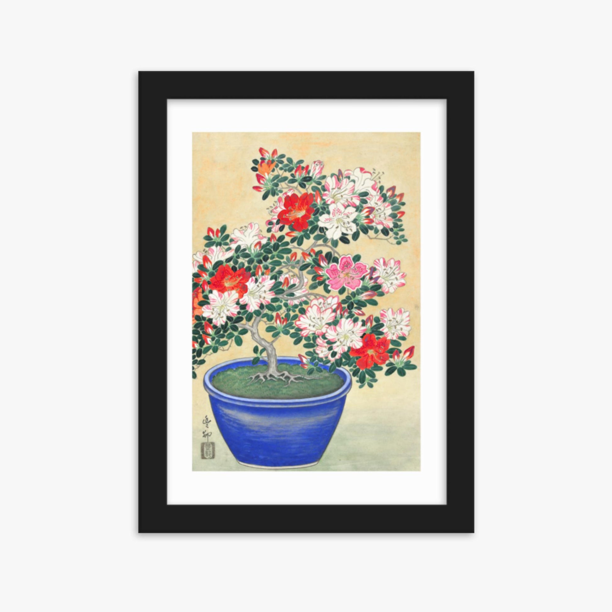 Ohara Koson - Blooming Azalea in Blue Pot 21x30 cm Poster With Black Frame