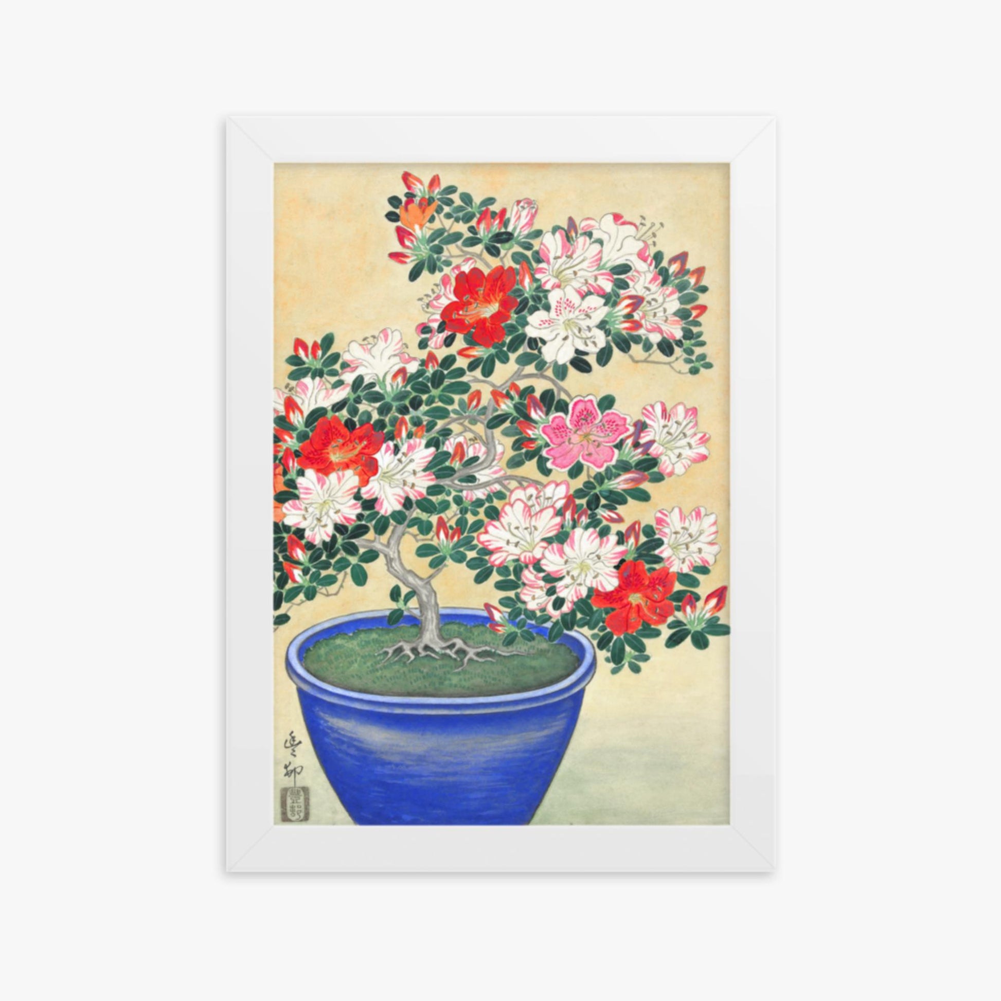 Ohara Koson - Blooming Azalea in Blue Pot 21x30 cm Poster With White Frame