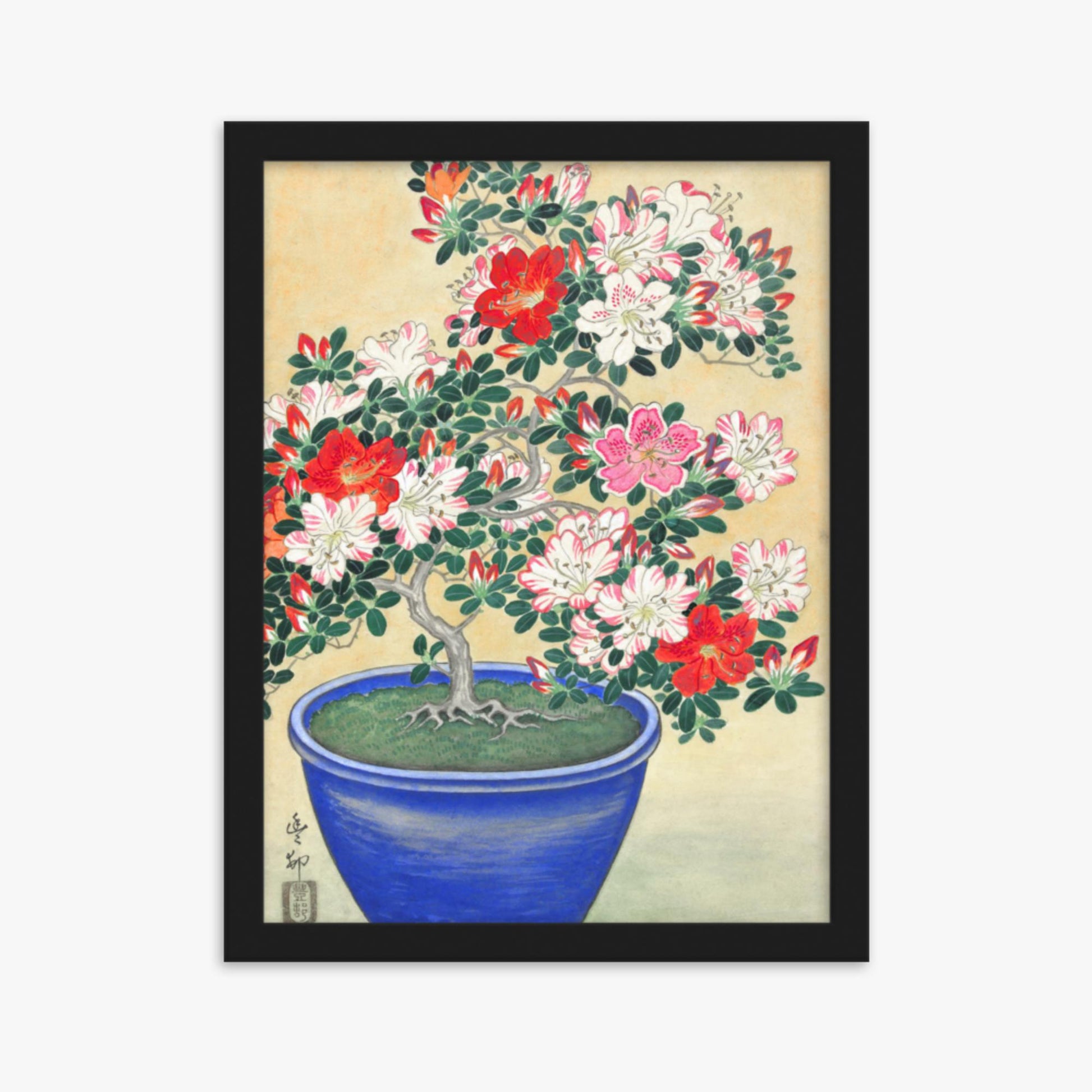 Ohara Koson - Blooming Azalea in Blue Pot 30x40 cm Poster With Black Frame