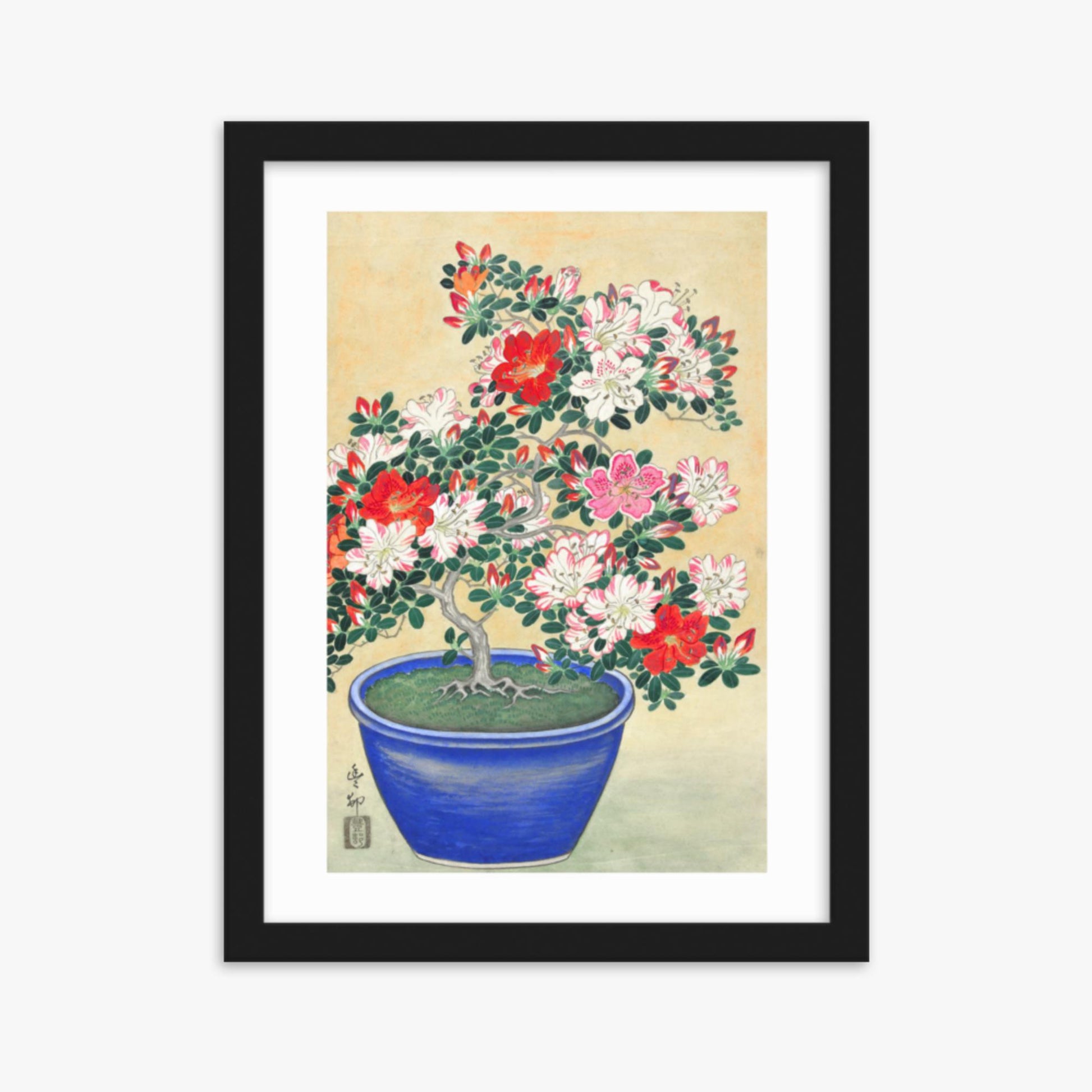 Ohara Koson - Blooming Azalea in Blue Pot 30x40 cm Poster With Black Frame