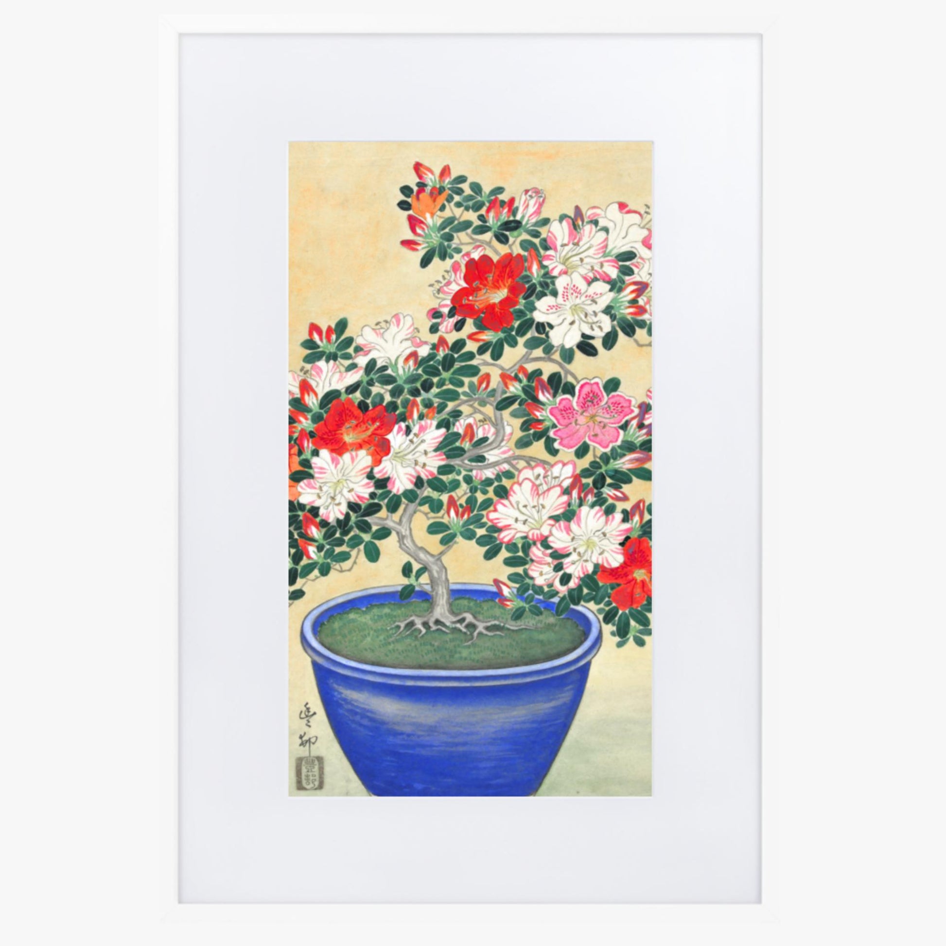 Ohara Koson - Blooming Azalea in Blue Pot 61x91 cm Poster With White Frame