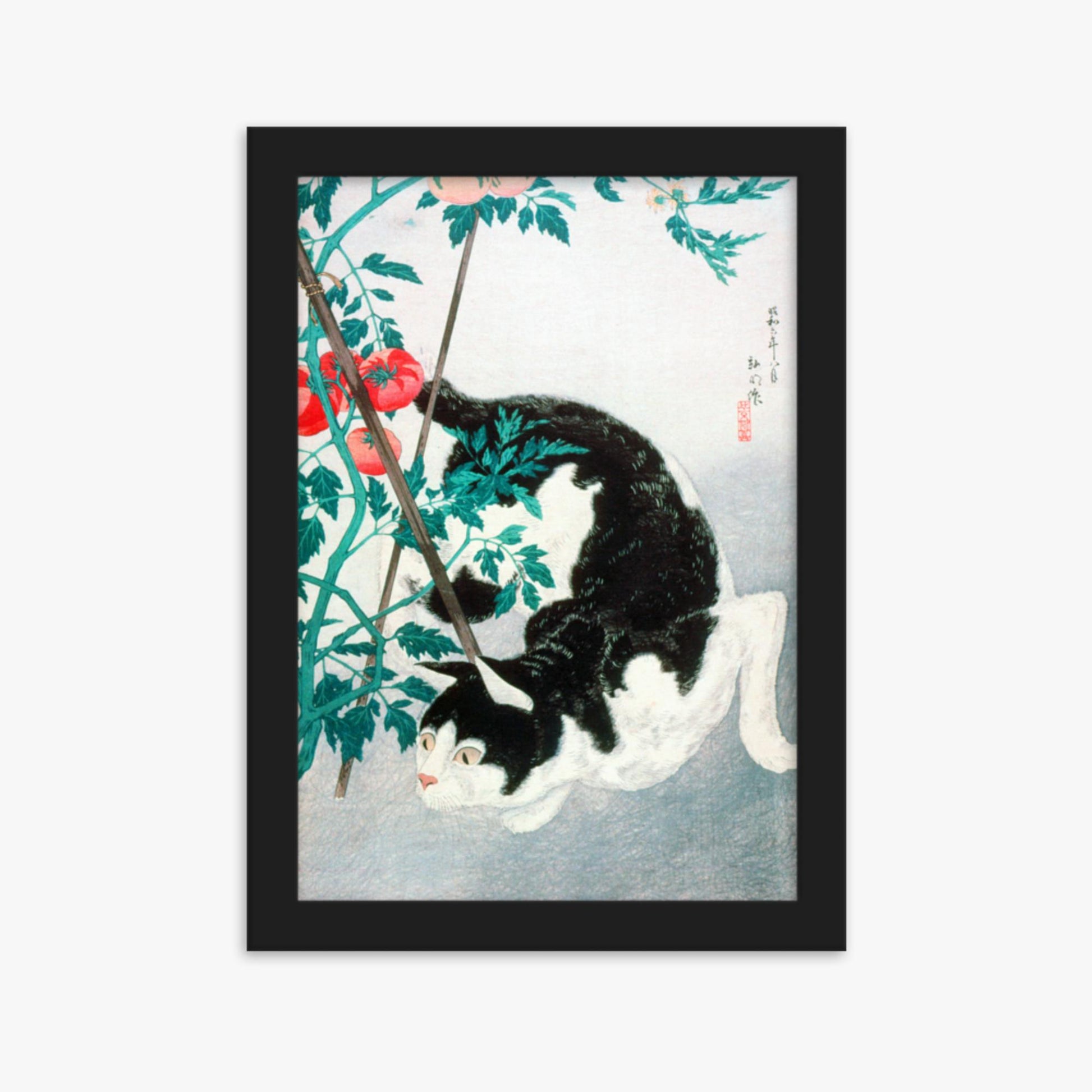 Takahashi Hiroaki (Shōtei) - Cat with Tomato Plant 21x30 cm Poster With Black Frame