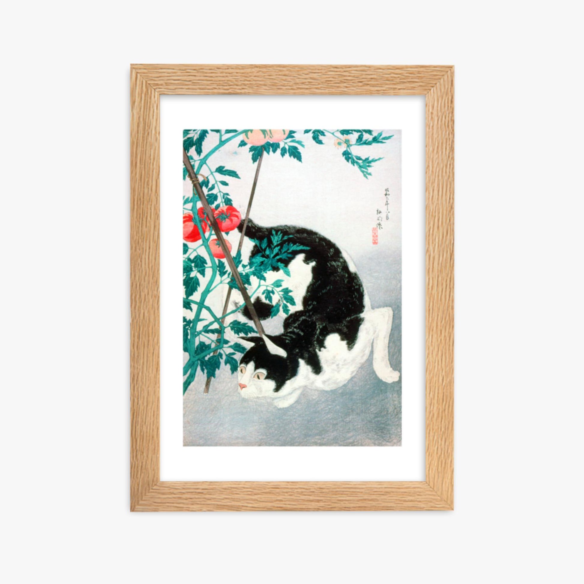 Takahashi Hiroaki (Shōtei) - Cat with Tomato Plant 21x30 cm Poster With Oak Frame