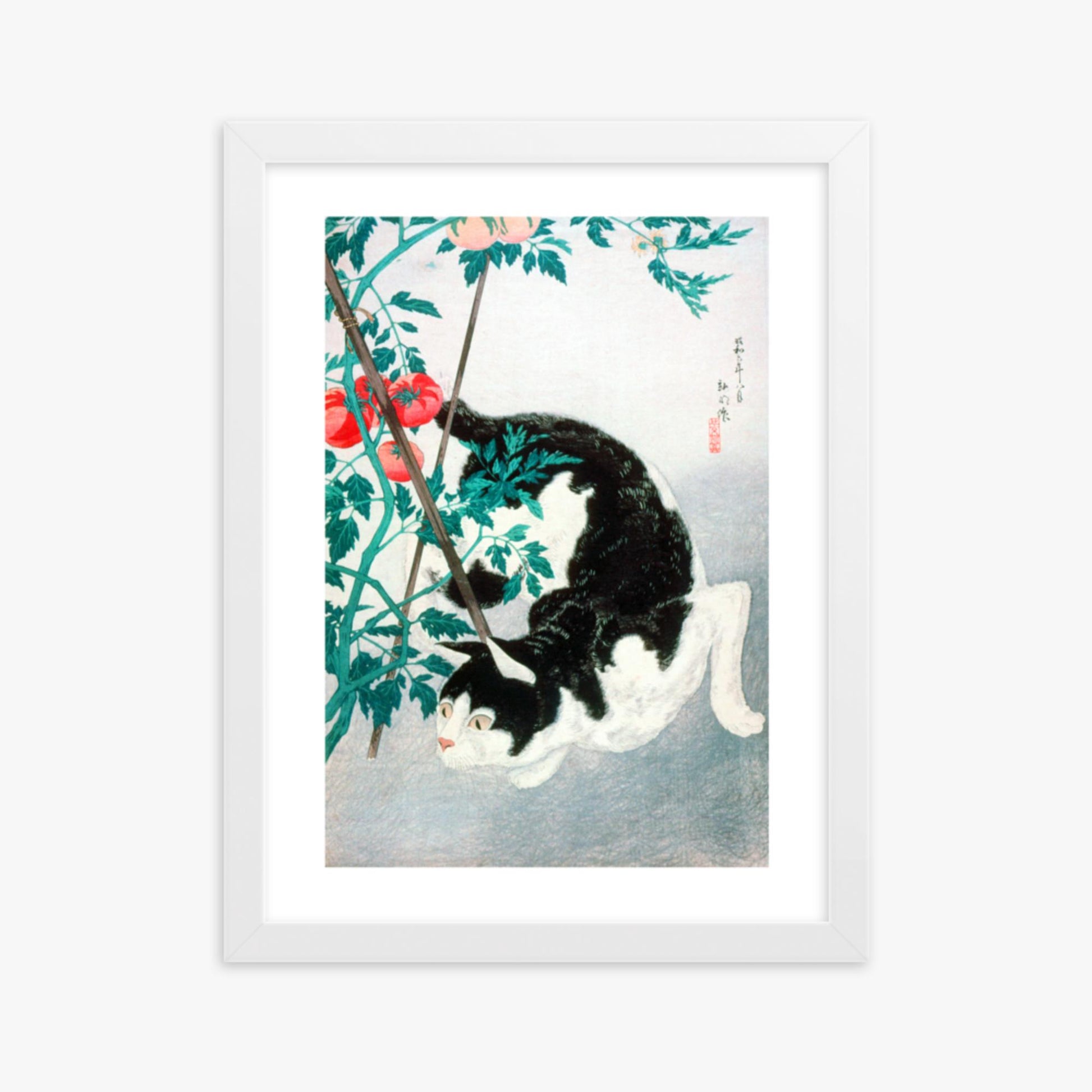 Takahashi Hiroaki (Shōtei) - Cat with Tomato Plant 30x40 cm Poster With White Frame