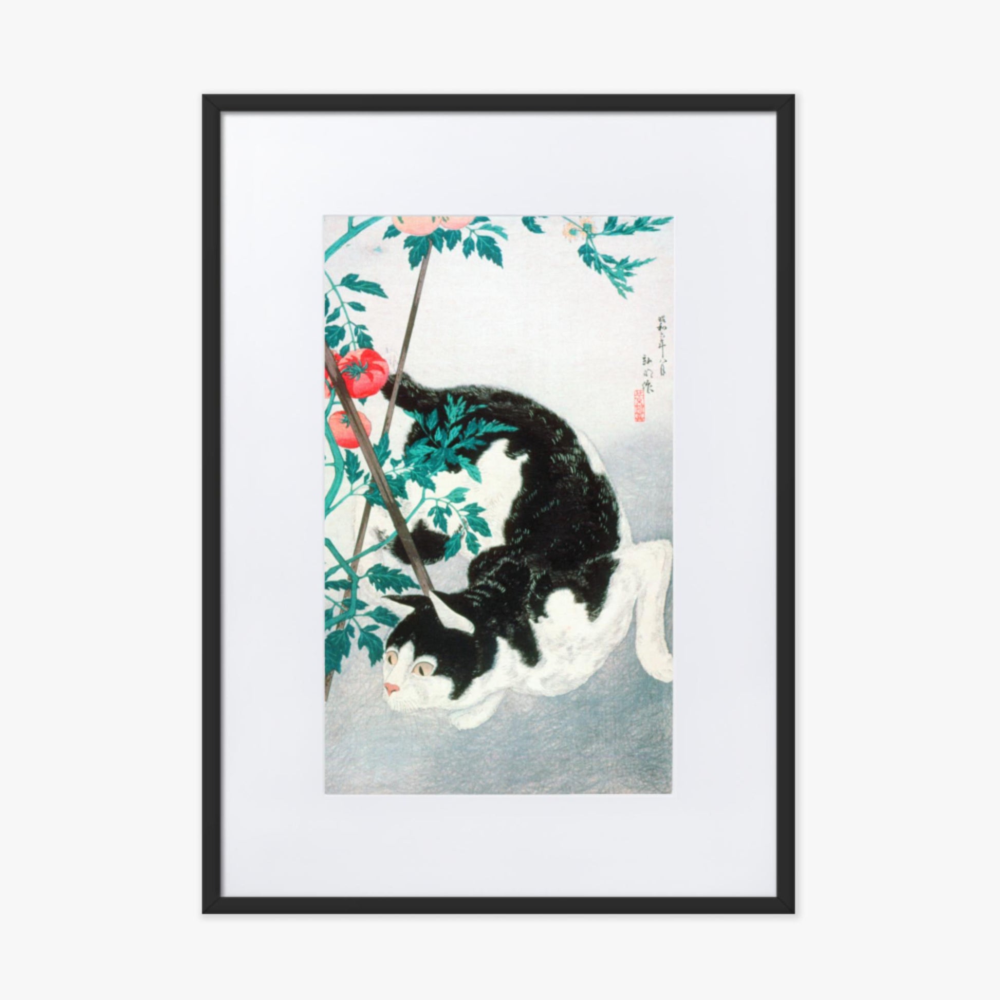 Takahashi Hiroaki (Shōtei) - Cat with Tomato Plant 50x70 cm Poster With Black Frame