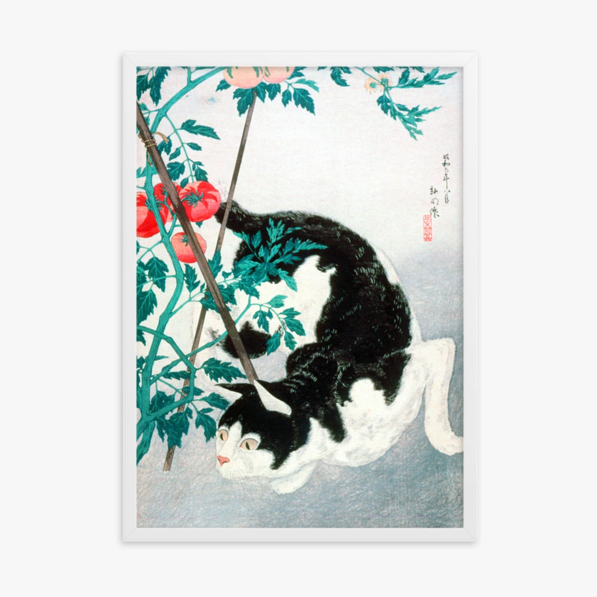 Takahashi Hiroaki (Shōtei) - Cat with Tomato Plant 50x70 cm Poster With White Frame