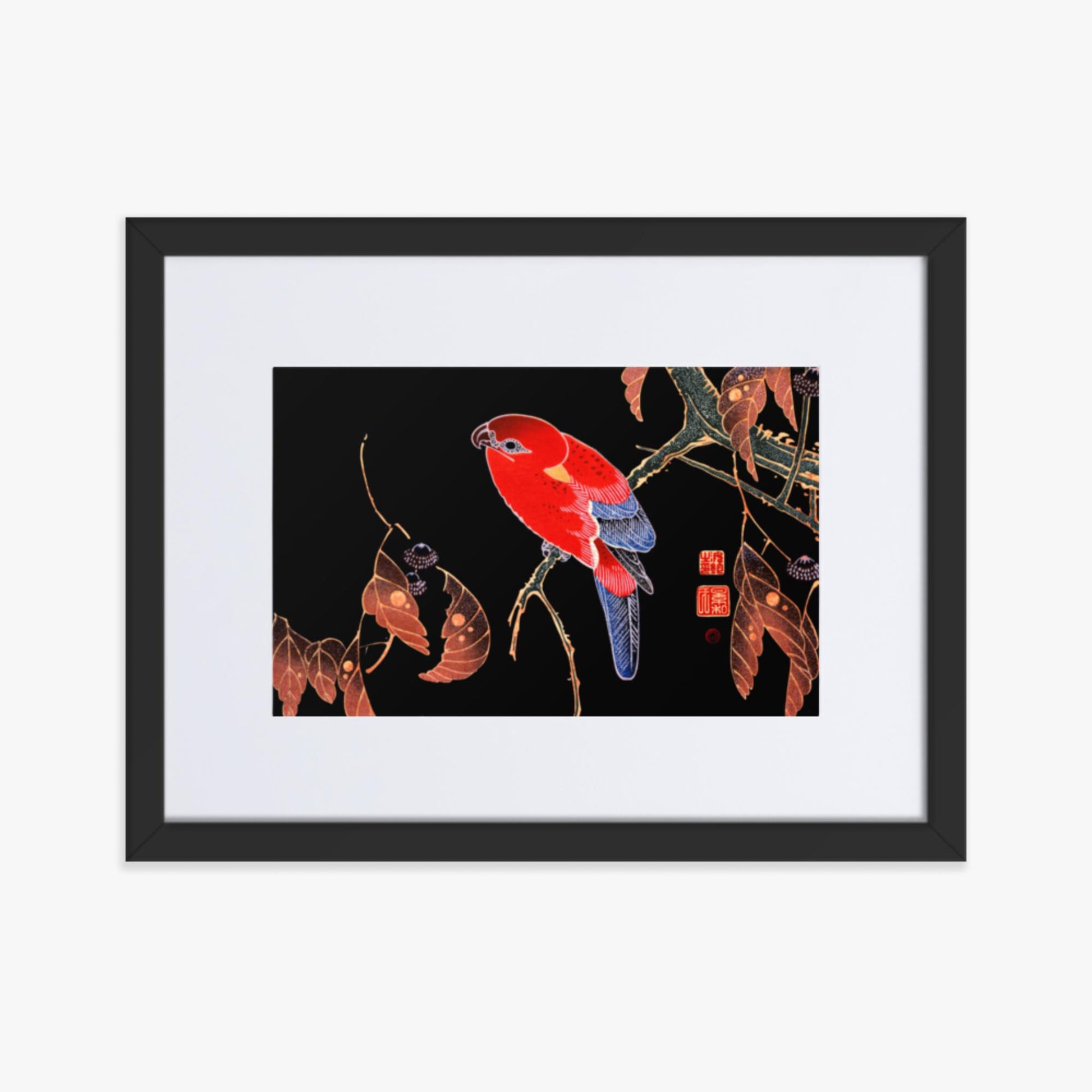 Ito Jakuchu - Red Parrot on the Branch of a Tree 30x40 cm Poster With Black Frame