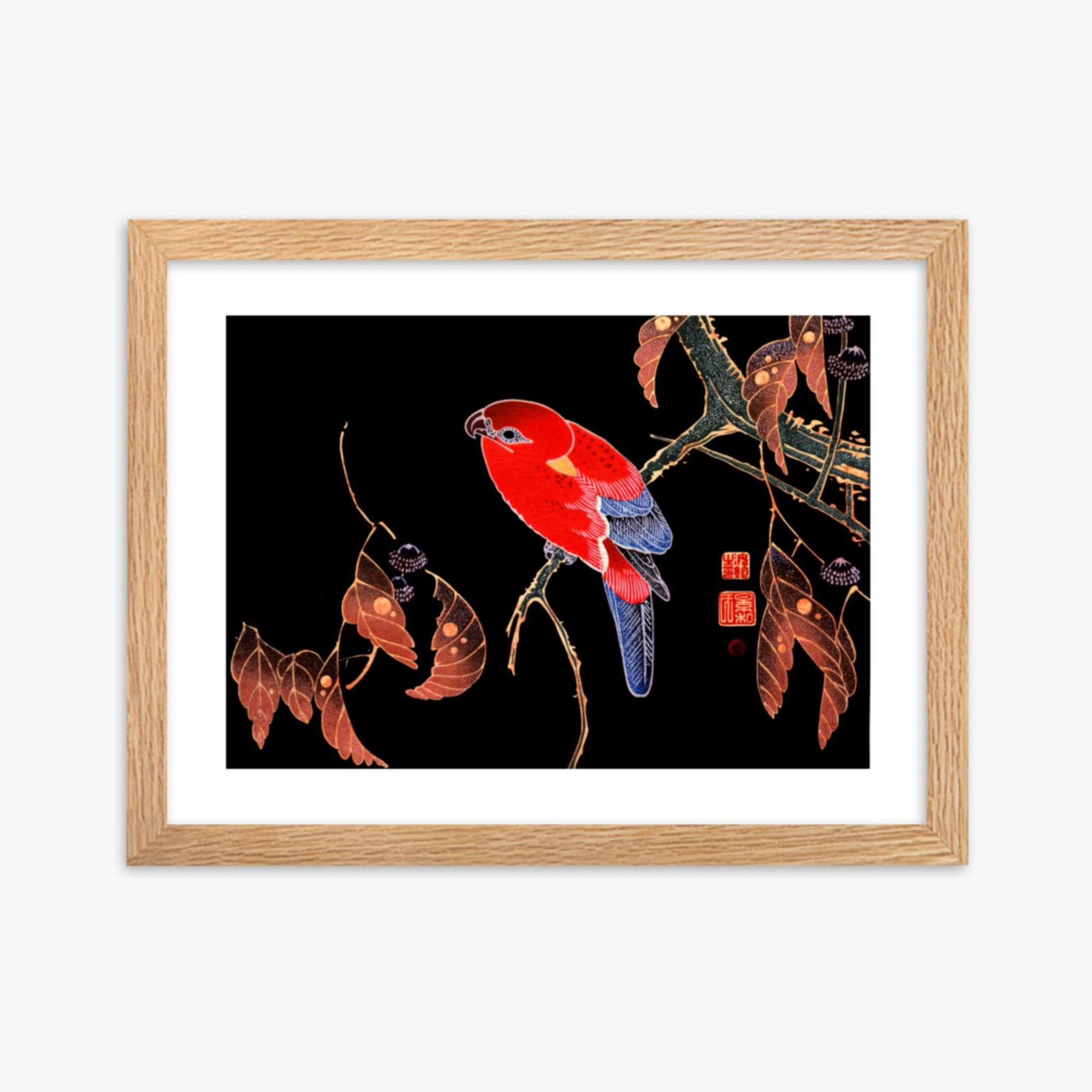 Ito Jakuchu - Red Parrot on the Branch of a Tree 30x40 cm Poster With Oak Frame