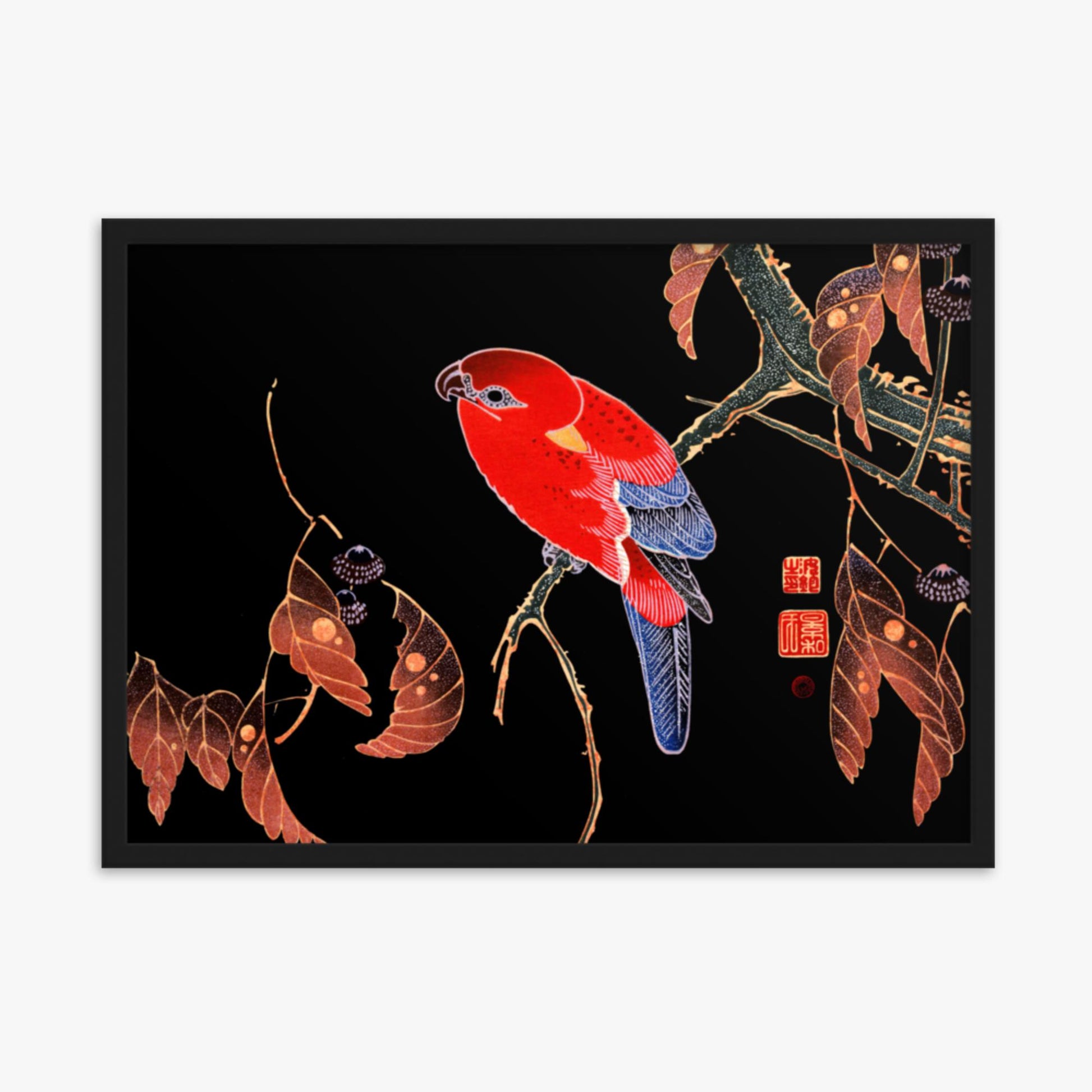 Ito Jakuchu - Red Parrot on the Branch of a Tree 50x70 cm Poster With Black Frame